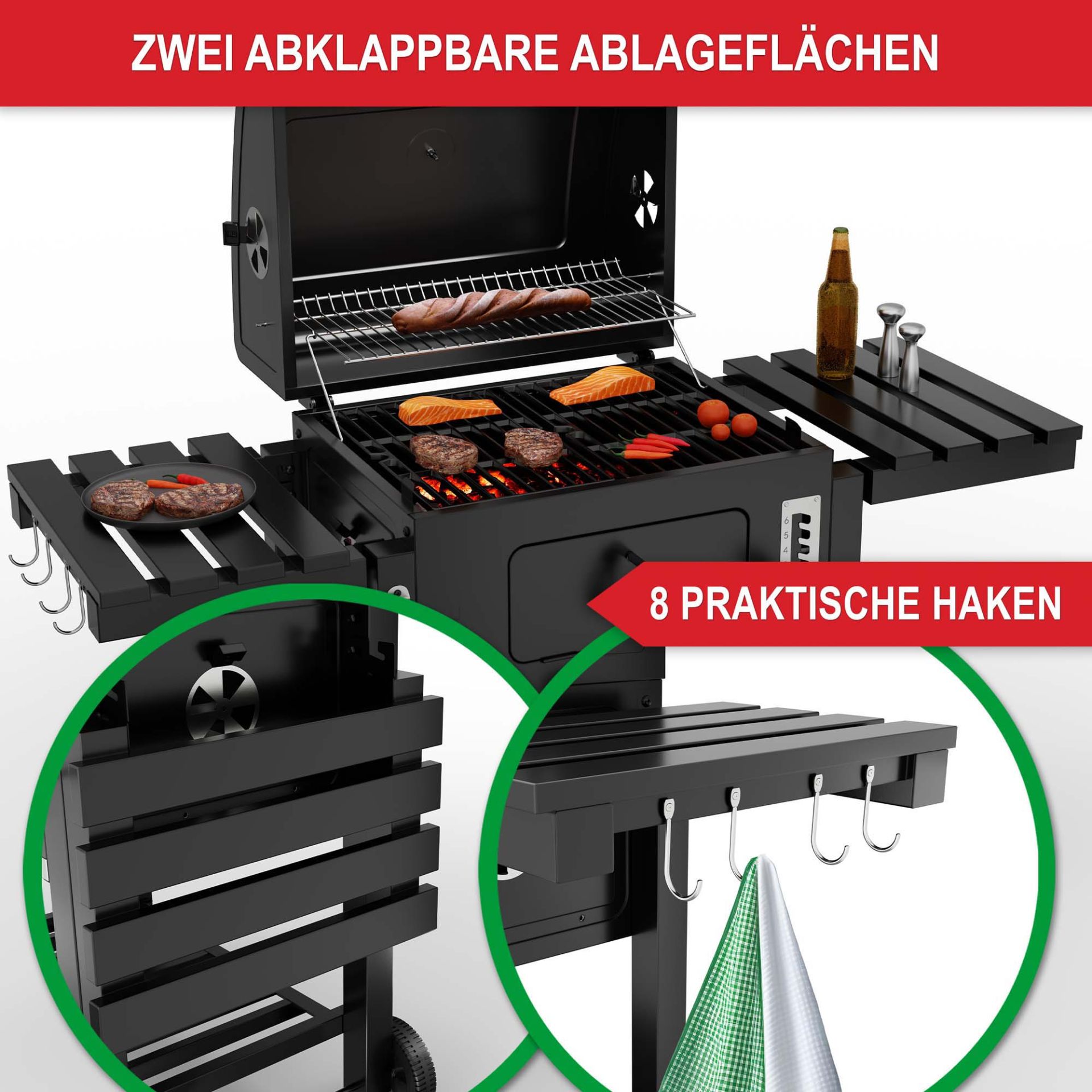 Holzkohlegrill Austin - 2 abklappbare Ablageflächen; 8 praktische Haken