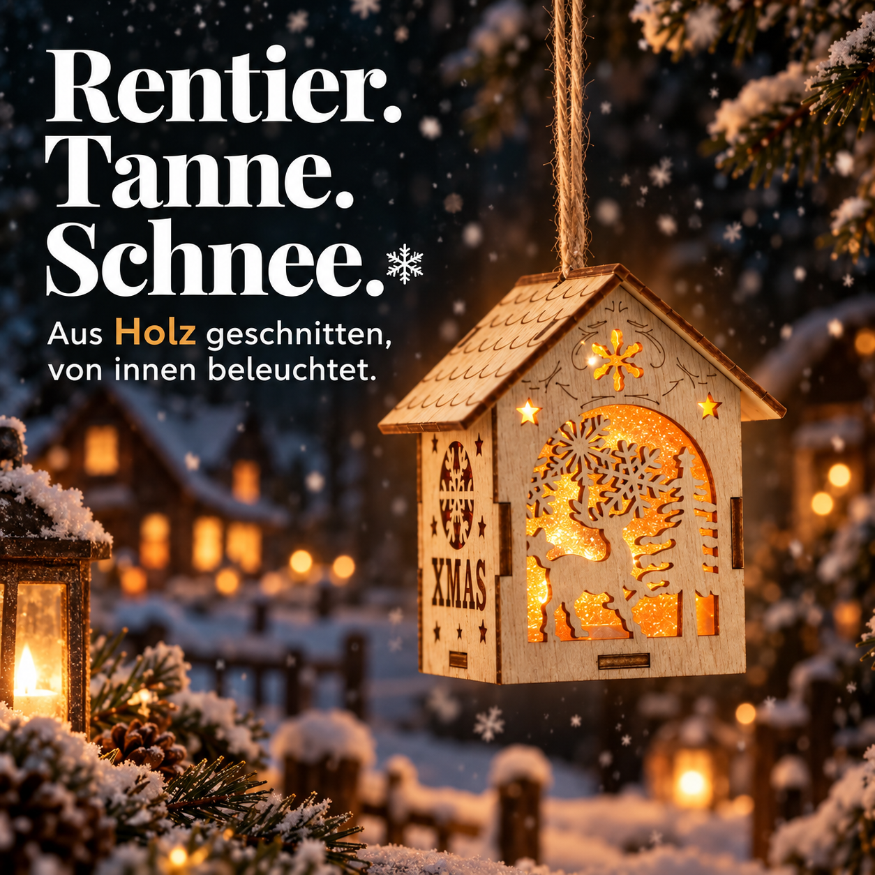 Beleuchteter Holzanhänger ONBEST mit ausgestanztem Rentier-Motiv (Dieses Bild wurde mit Hilfe von KI generiert.)