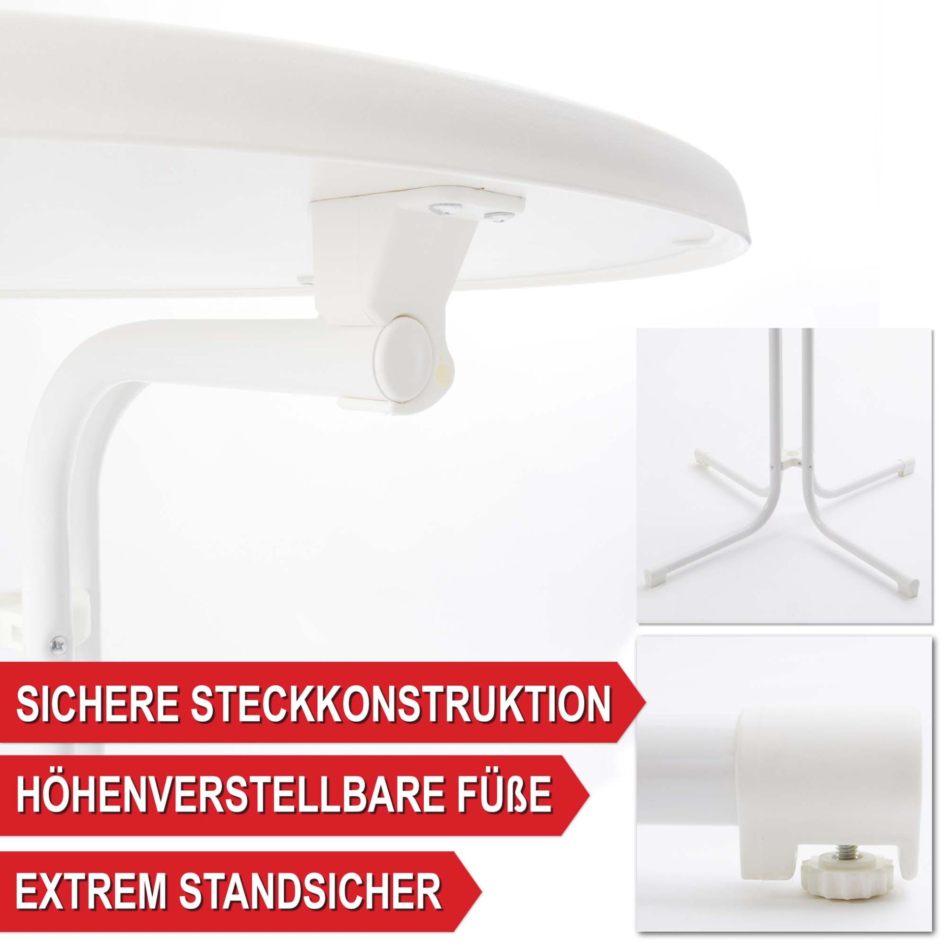 Sichere Steckkonstruktion, höhenverstellbare Füße, extrem standsicher - Stehtisch mit Tischhusse weiß