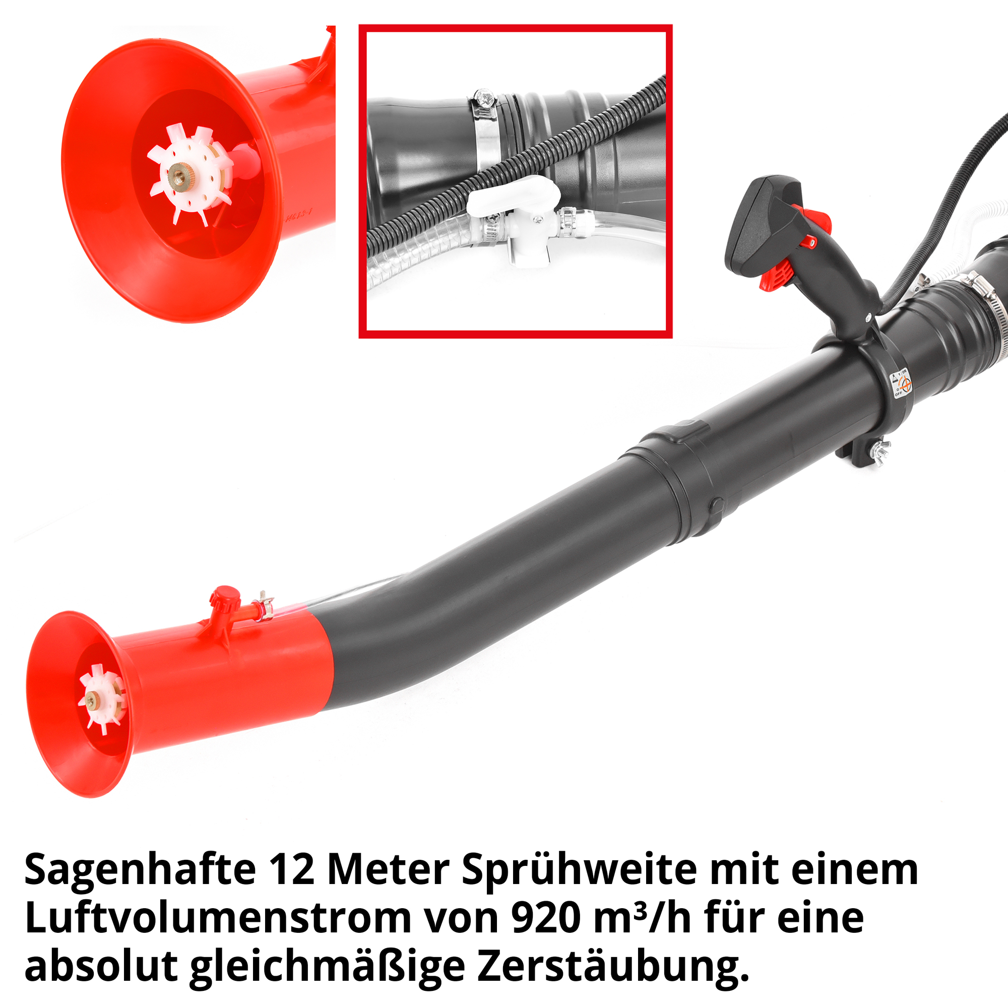 Hecht 443 Motorspritze; Lange Sprühweite mit einem hohen Luftvolumenstrom für eine absolut gleichmäßige Zerstäubung Hecht 443 Motorspritze; Lange Sprühweite mit einem hohen Luftvolumenstrom für eine absolut gleichmäßige Zerstäubung