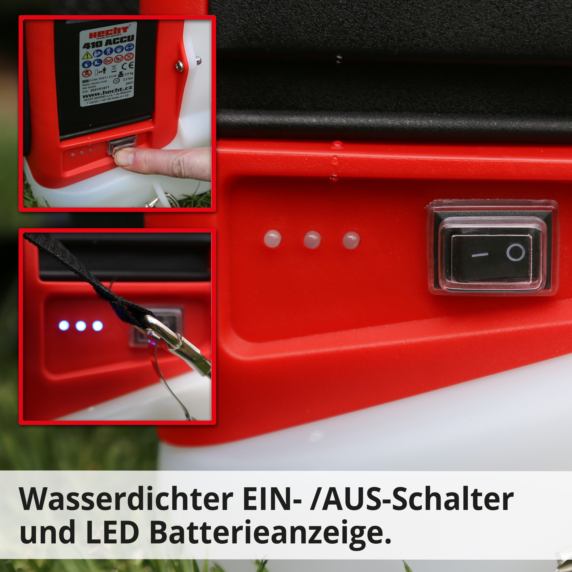 Akku Rückenspritze; Wasserdichter Ein-/Ausschalter und LED Batterieanzeige