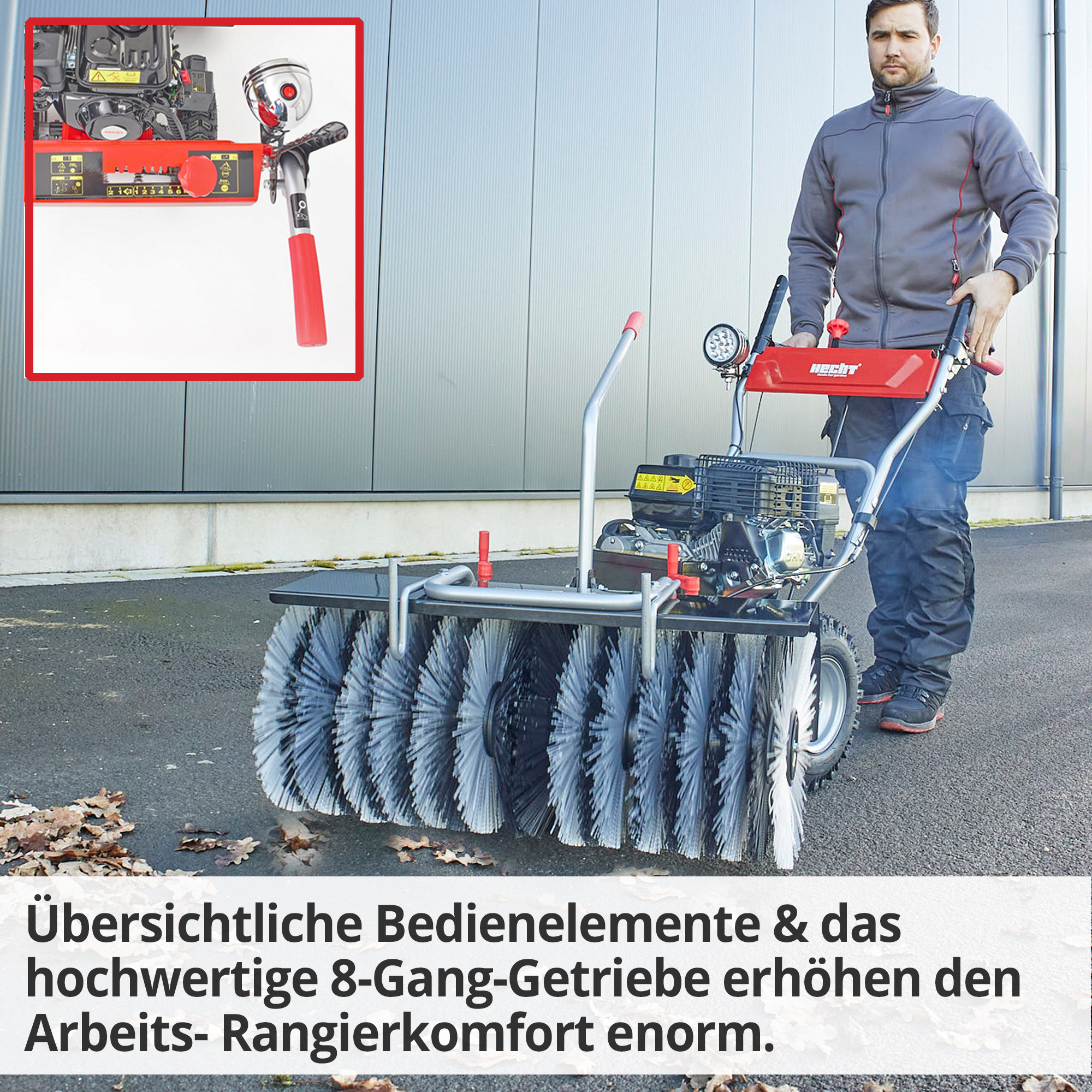 Hecht Benzin-Kehrmaschine mit Ideal angeordneten Bedienelementen und robustes 8-Gang Getriebe Hecht Benzin-Kehrmaschine mit Ideal angeordneten Bedienelementen und robustes 8-Gang Getriebe