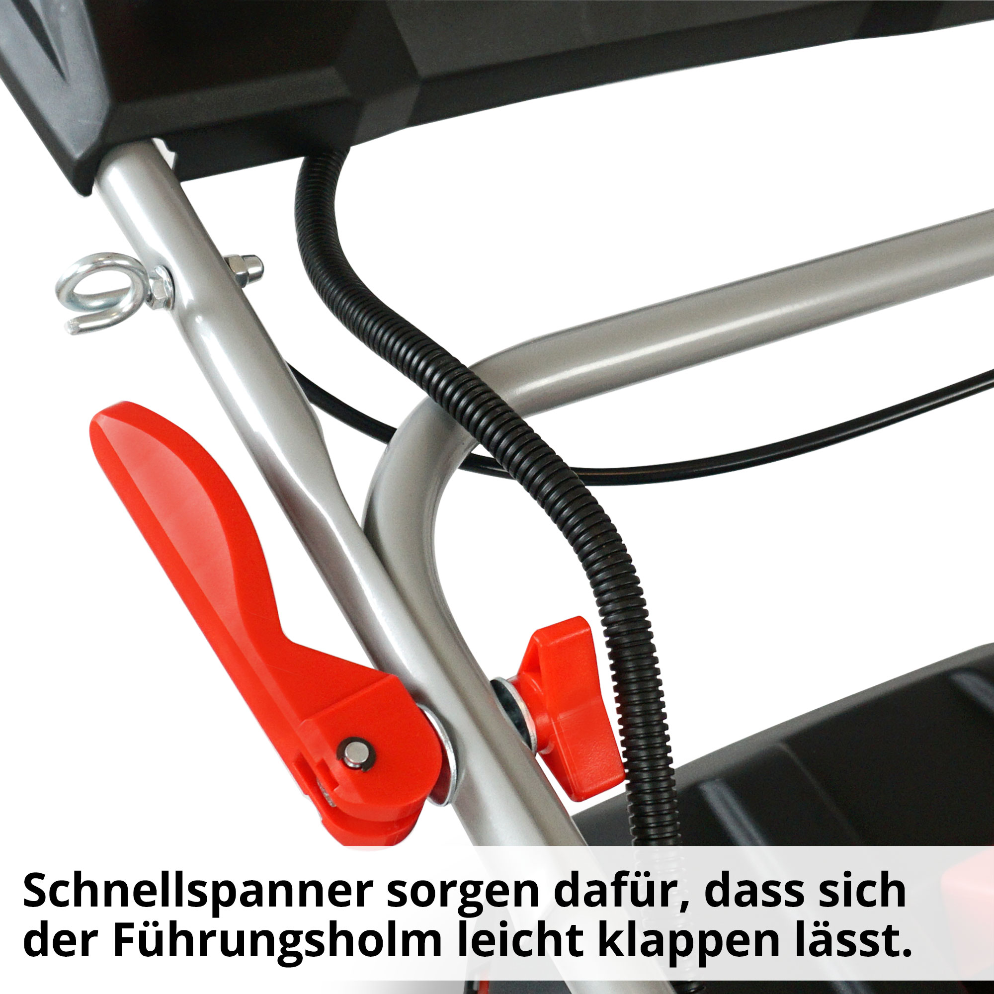 Hecht 554 SXE Benzin Rasenmäher; Schnellspanner sorgen dafür, dass sich der Führungsholm leicht klappen lässt