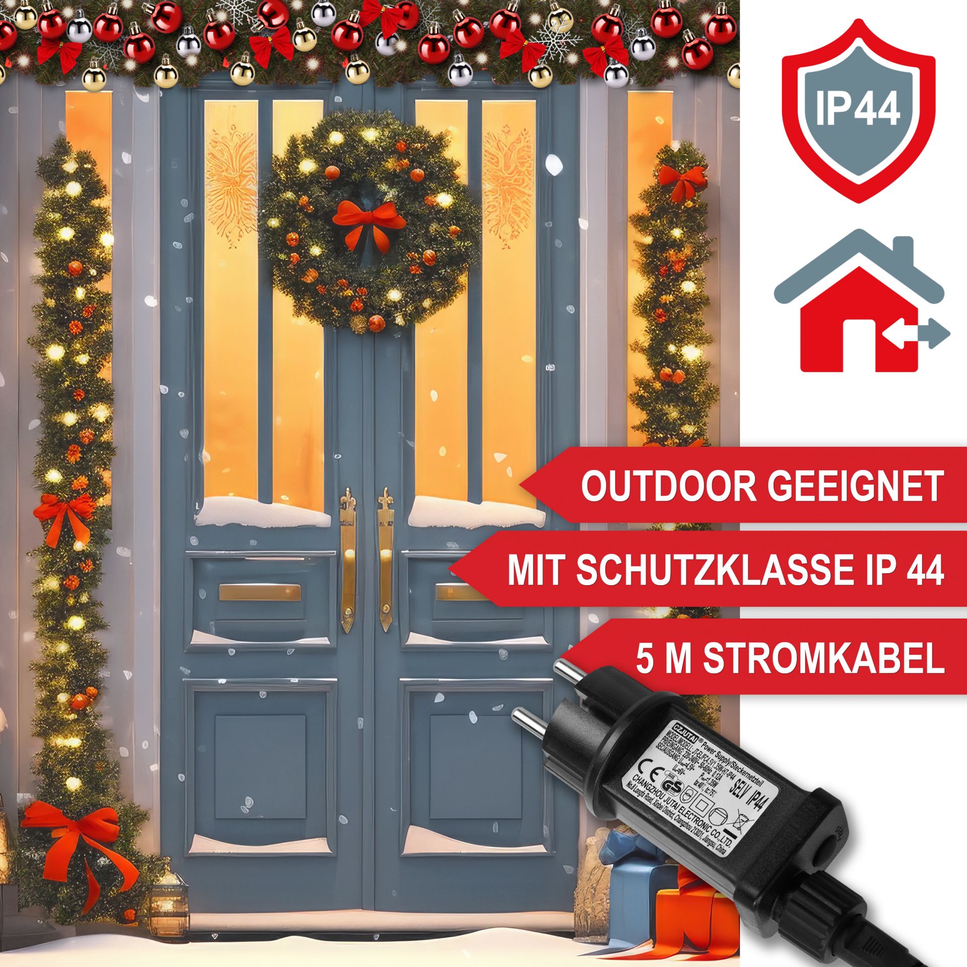 Weihnachtsgirlande 5m - Outdoor geeignet, Schutzklasse IP 44, 5m Stromkabel