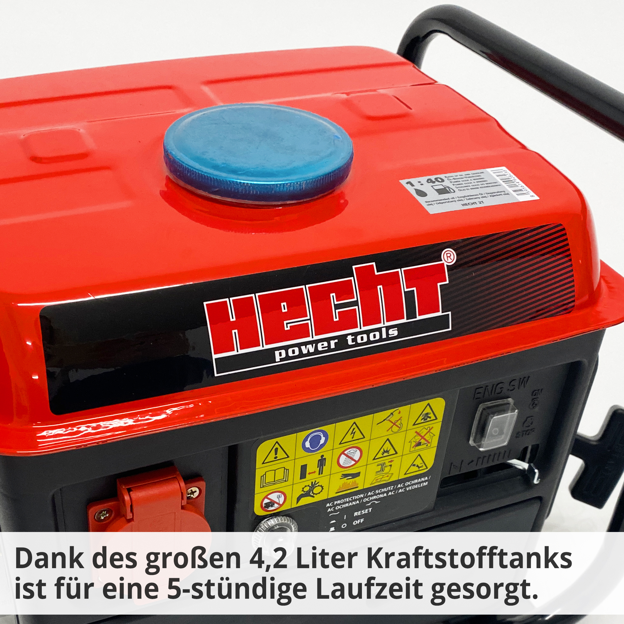Hecht GG 950 Notstromaggregat 2 Takt Gerät; Dank des großen Kraftstofftanks ist für eine lange Laufzeit gesorgt