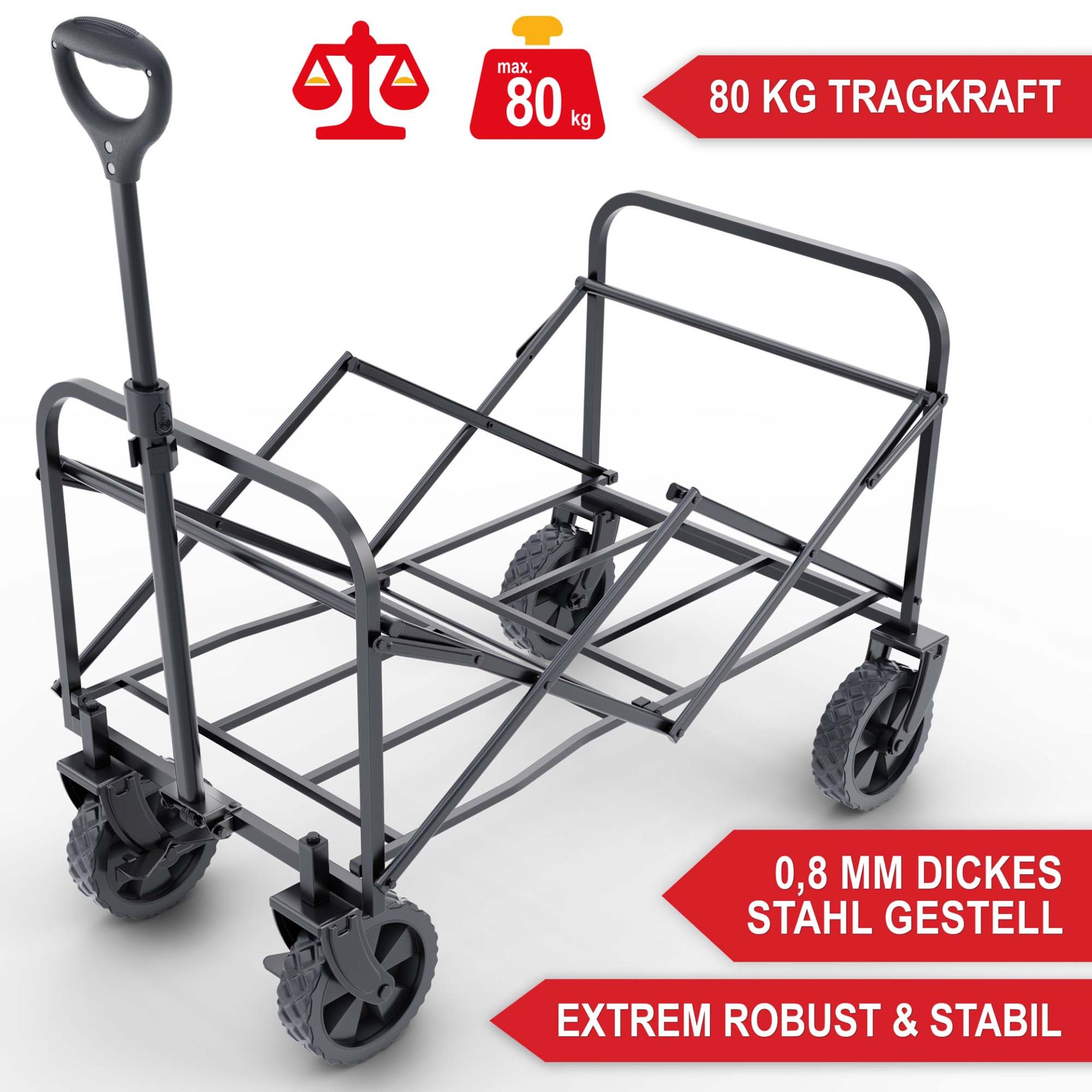 Bollerwagen schwarz - dickes Stahlgestell, extrem robust und stabil