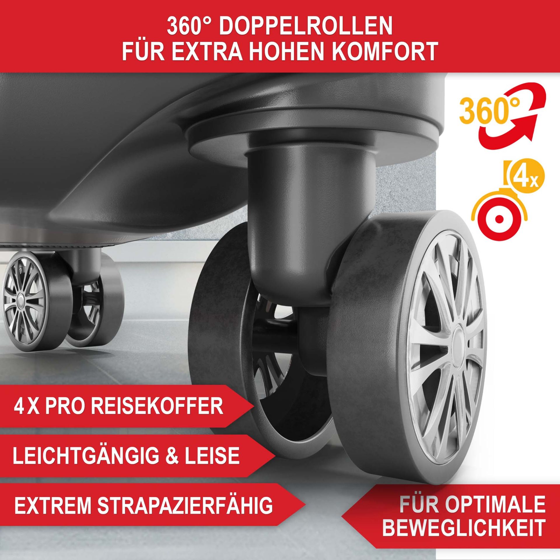 Hartschalenkofferset Coffee - 360 Grad Doppelrollen für extra hohen Komfort; 4 pro Reisekoffer; leichtgängig und leise; extrem strapazierfähig; für optimale Beweglichkeit