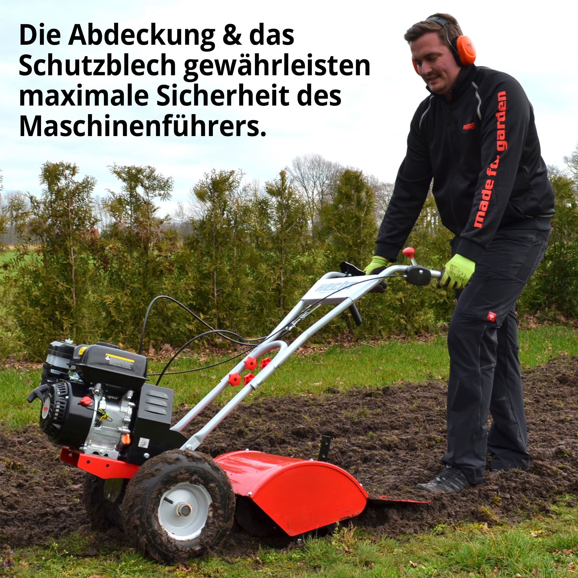 Gartenhacke; Die Abdeckung und das Schutzblech gewährleisten maximale Sicherheit des Maschinenführers