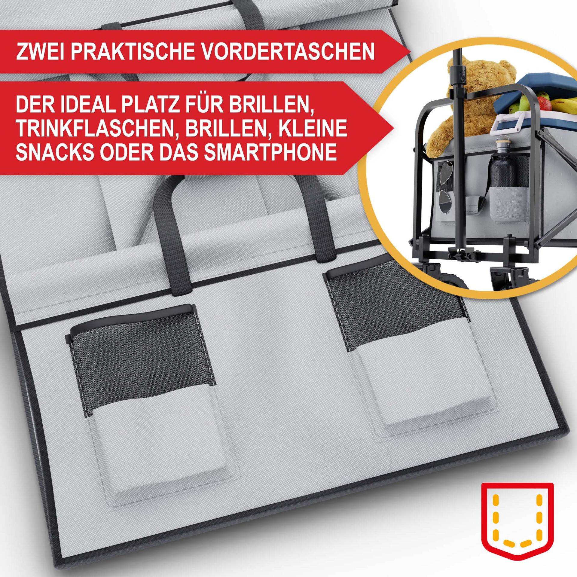 Bollerwagen grau - 2 praktische Vordertaschen, der ideale Platz für Brillen, Trinkflaschen, Brillen, kleine Snacks oder das Smartphone Bollerwagen grau - 2 praktische Vordertaschen, der ideale Platz für Brillen, Trinkflaschen, Brillen, kleine Snacks oder das Smartphone
