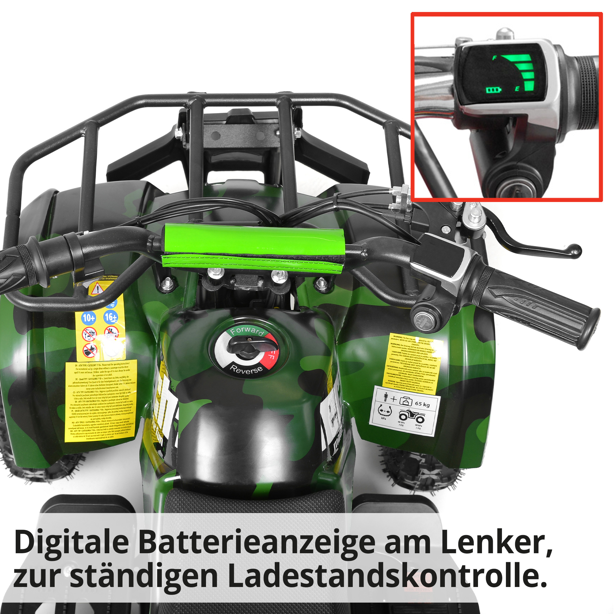 Hecht 56100 Army QUAD mit digitaler Batterieanzeige am Lenker, zur ständigen Ladestandskontrolle