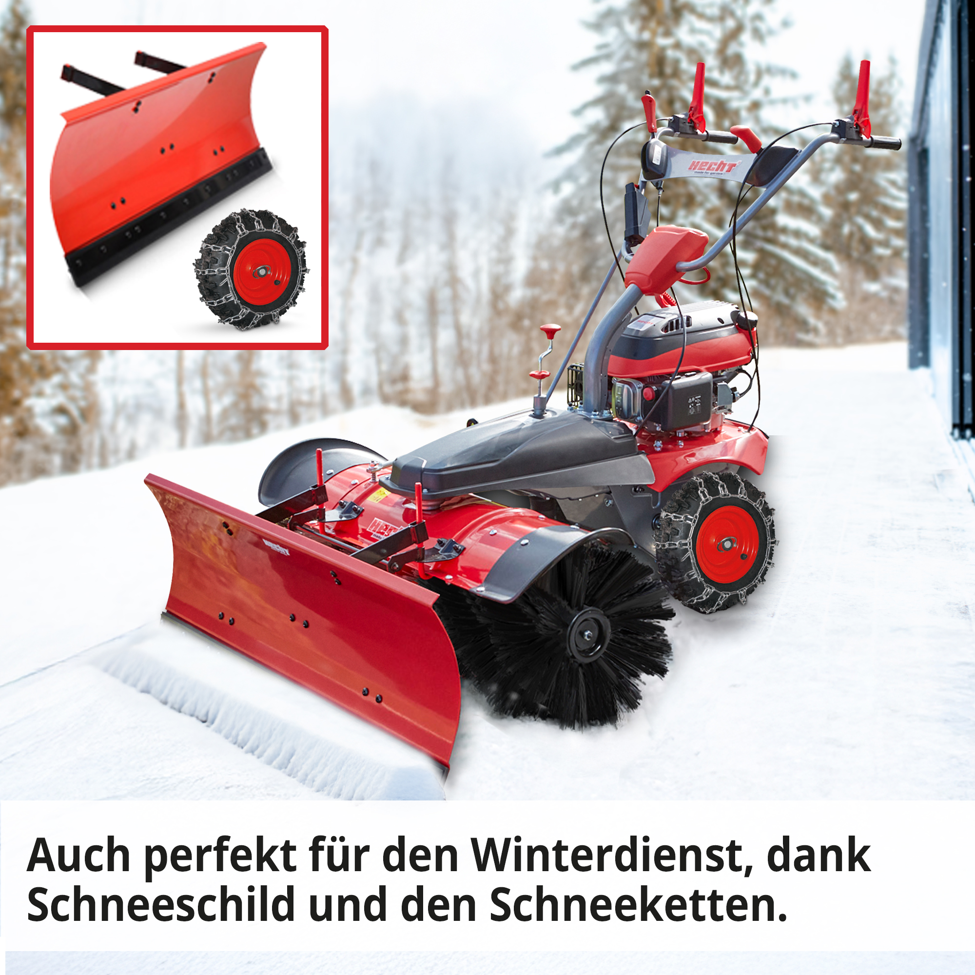 Die HECHT Benzin Kehrmaschine 8101 S Set 1 Kehrmaschine mit 105 cm breiten Schneeschild inklusive Schneeketten ist die ideale Lösung für müheloses Schneeschieben