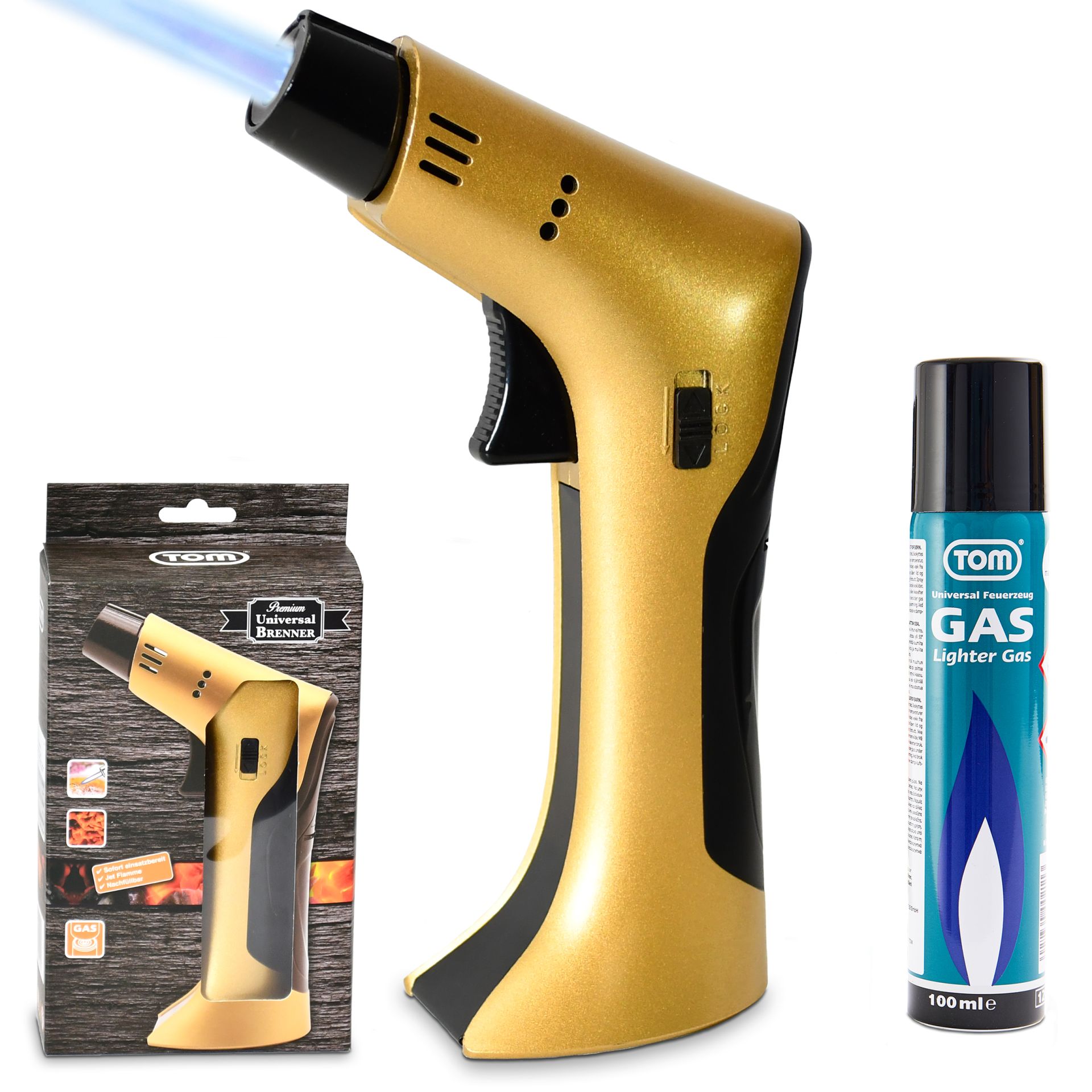 TOM Jetbrenner GB-500 Gold + 100 Milliliter TOM Butangaskartusche