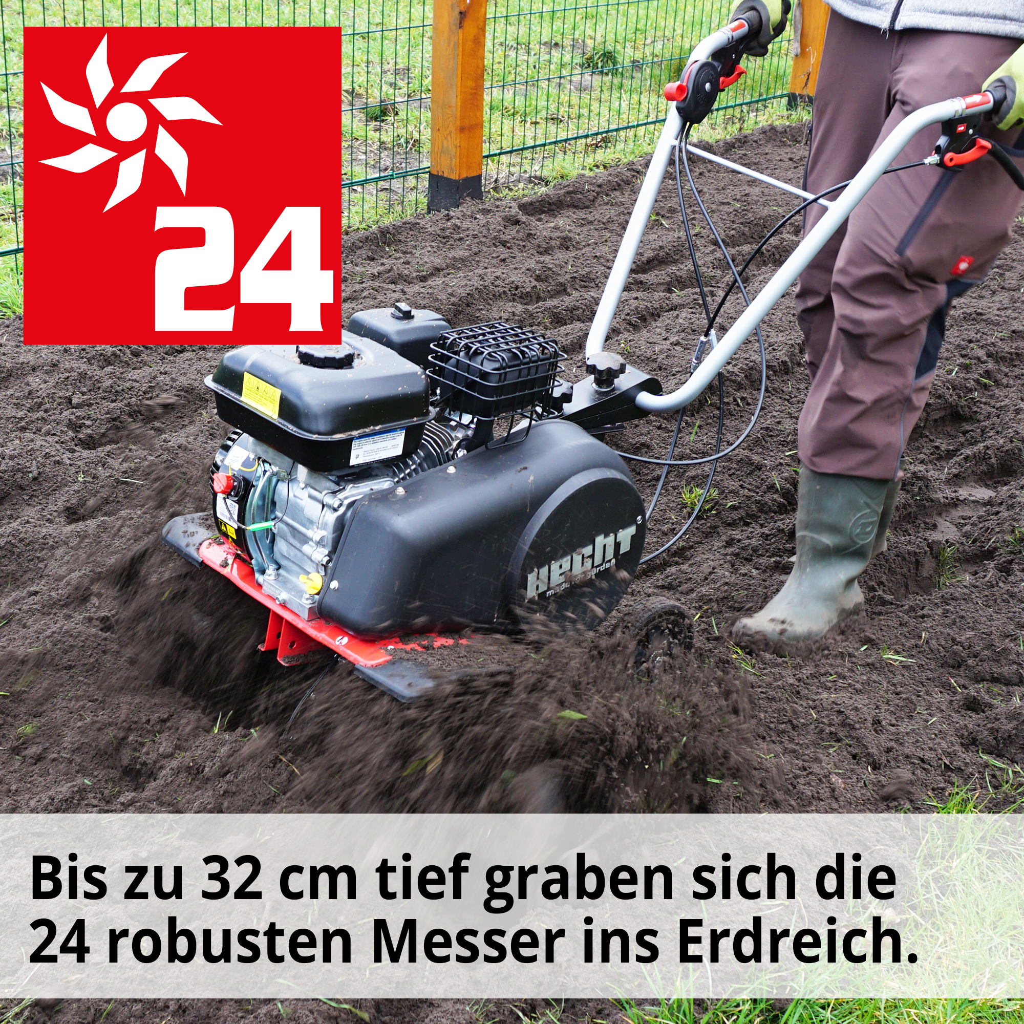 Gartenhacke; 24 Messer, die sich bis zu 32 Zentimeter tief in die Erde graben