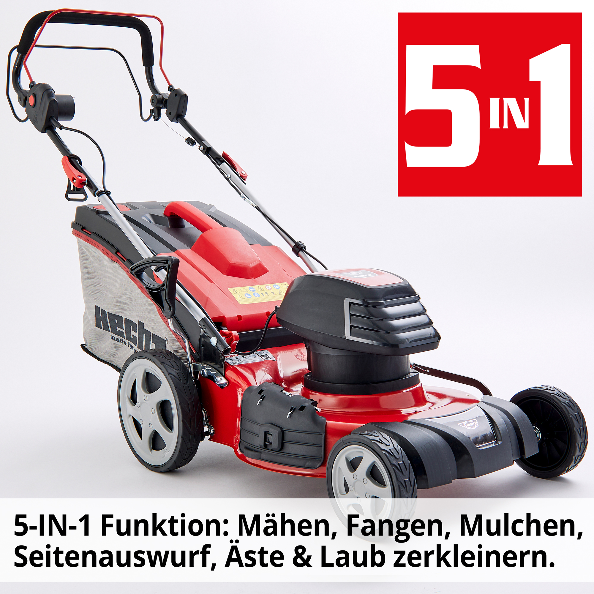 Hecht Elektro-Rasenmäher 1892 S mit  5-in-1 Multifunktion Mähen Fangen Mulchen Seitenauswurf Äste und Laub Zerkleinern 