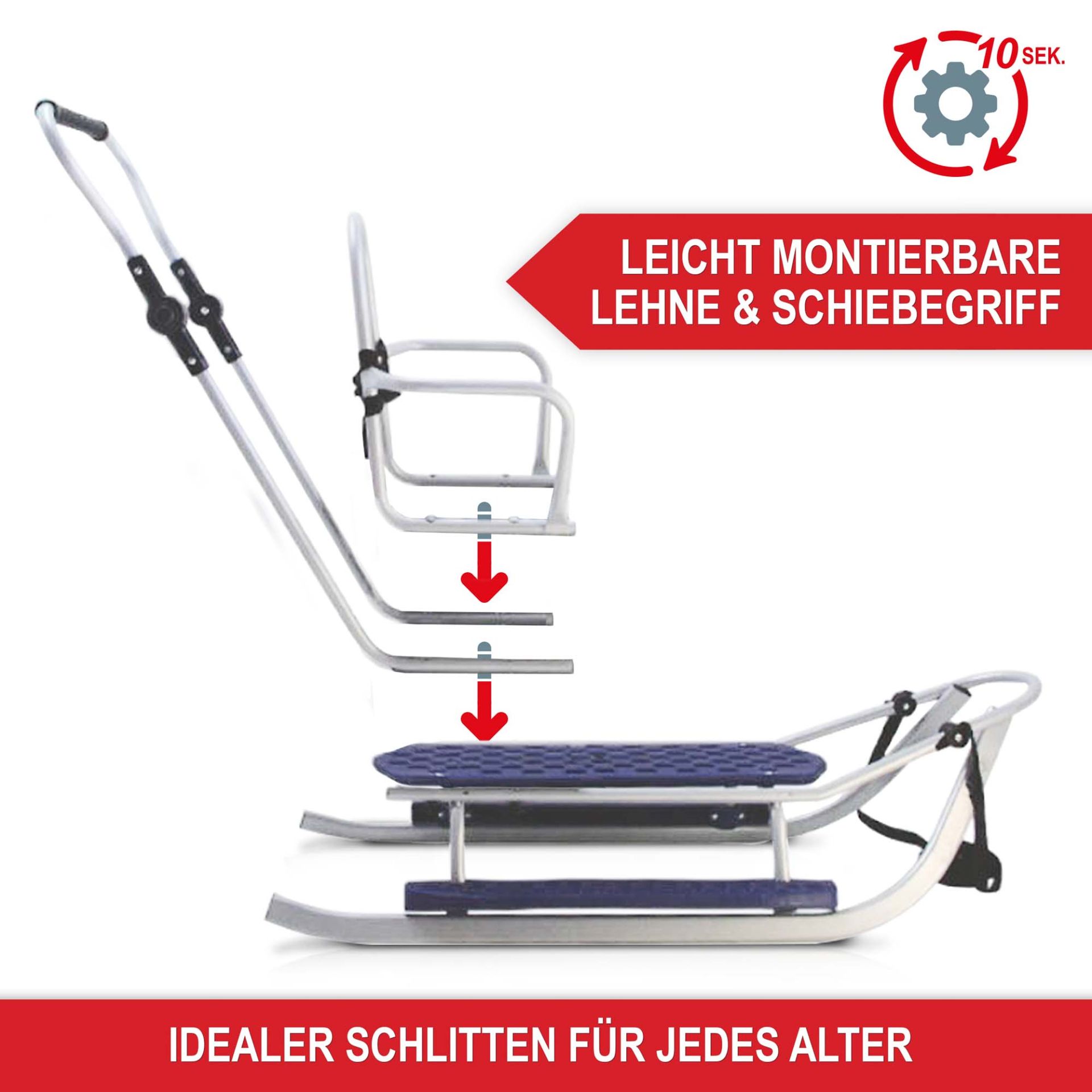 Leicht montierbare Lehne und Schiebegriff, ideal für jedes Alter - Holzschlitten
