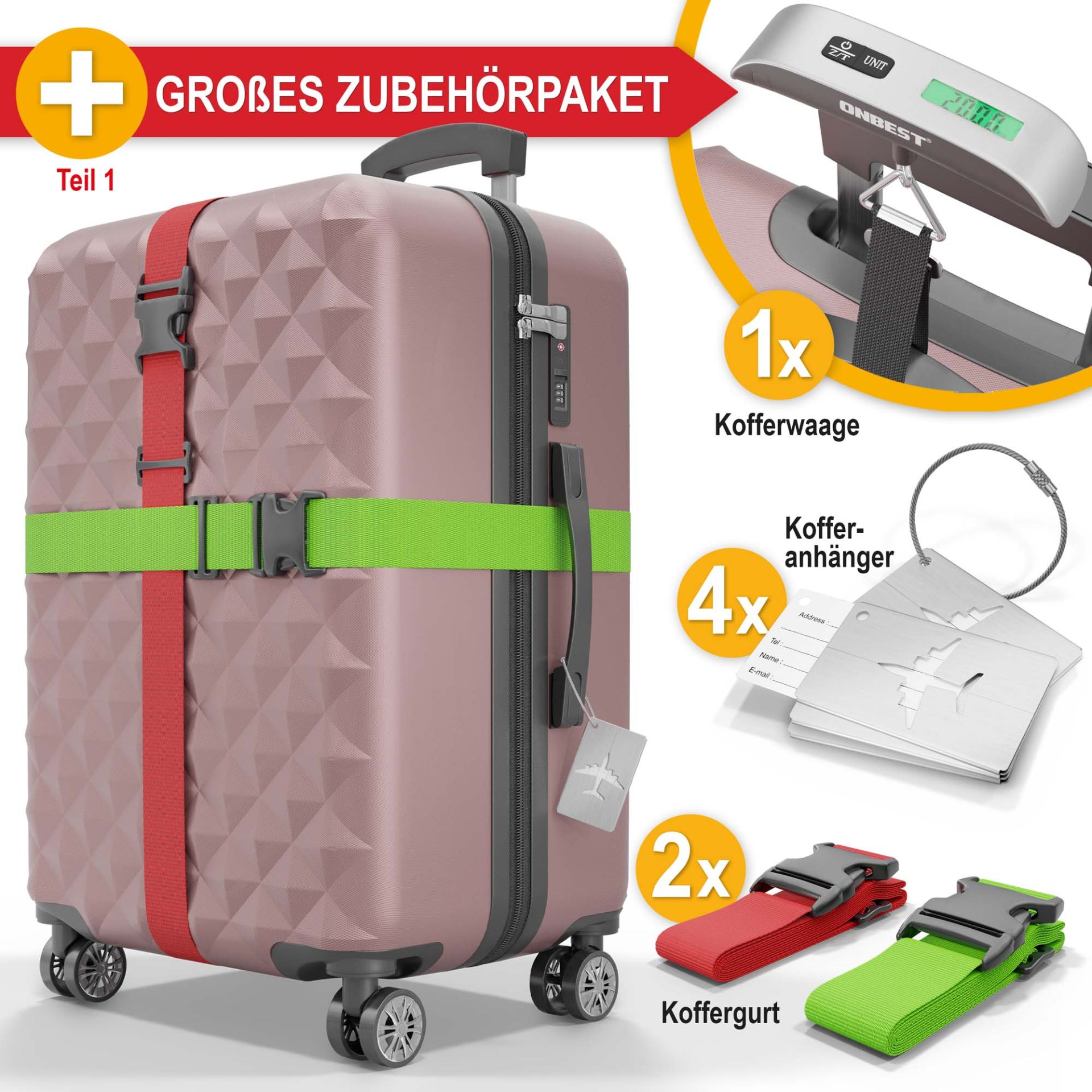 Hartschalenkofferset Rose Gold - Inklusive großem Zubehörpaket; 1 Kofferwaage; 4 Kofferanhänger; 2 Koffergurte