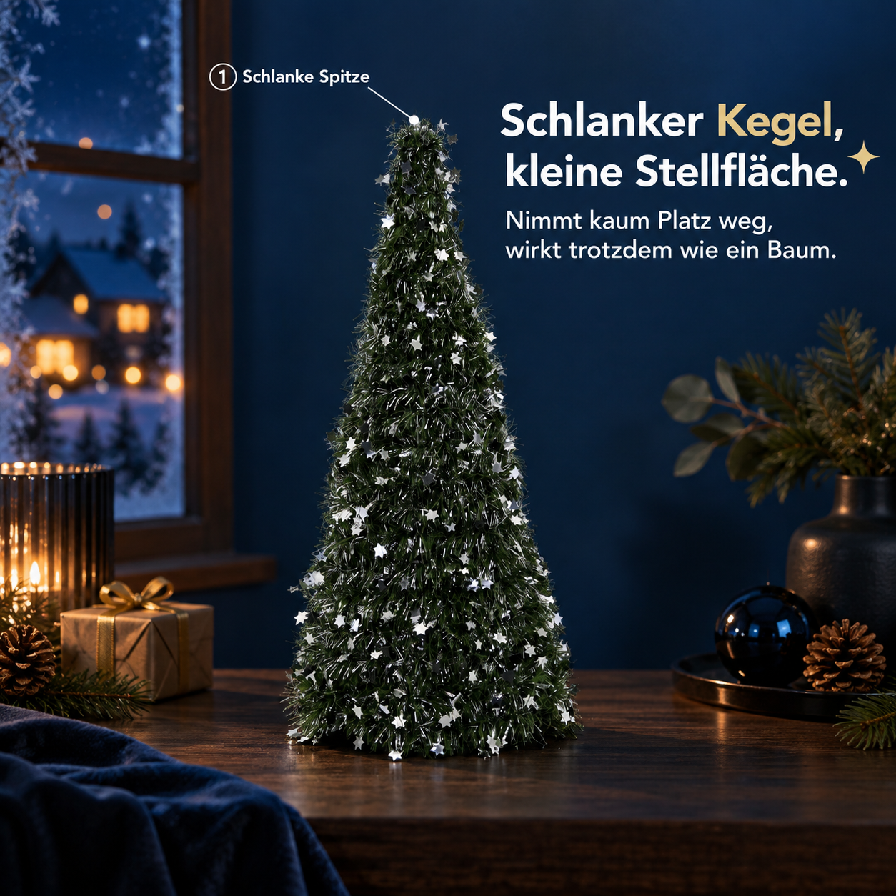 Schlanker Kegelbaum ONBEST: Nimmt wenig Platz weg und wirkt wie ein echter Baum (Dieses Bild wurde mit Hilfe von KI generiert.)