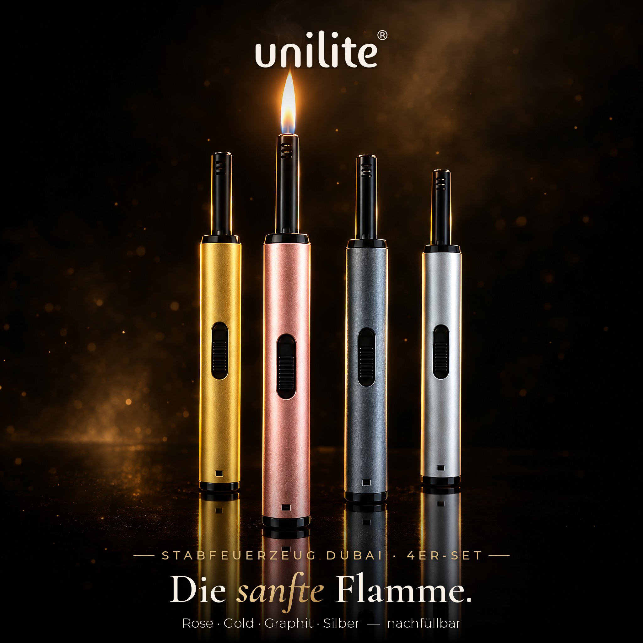 Stabfeuerzeug Set unilite: Vier Metallic-Farben mit sanfter Flamme (Dieses Bild wurde mit Hilfe von KI generiert.)