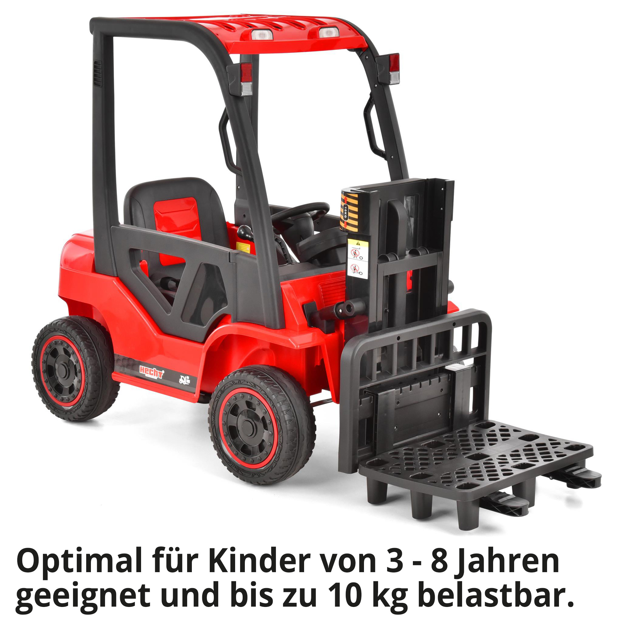 Hecht 52108RED Kinder Elektro Gabelstapler ROT; Optimal für Kinder von 3 bis 8 Jahren geeignet und bis zu 10 Kilogramm belastbar