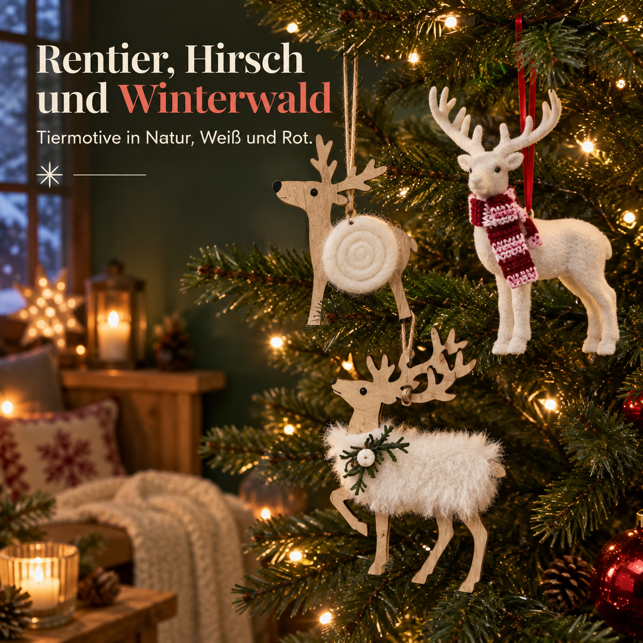 ONBEST Baumschmuck Natur: Rentier, Hirsch und Winterwald Motive (Dieses Bild wurde mit Hilfe von KI generiert.)