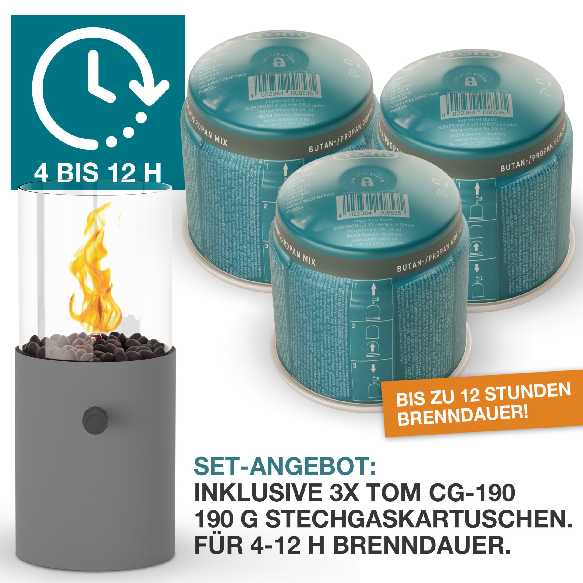 Tischkamin mit drei Gaskartuschen im Set – für bis zu 12 Stunden Brenndauer geeignet Tischkamin mit drei Gaskartuschen im Set – für bis zu 12 Stunden Brenndauer geeignet