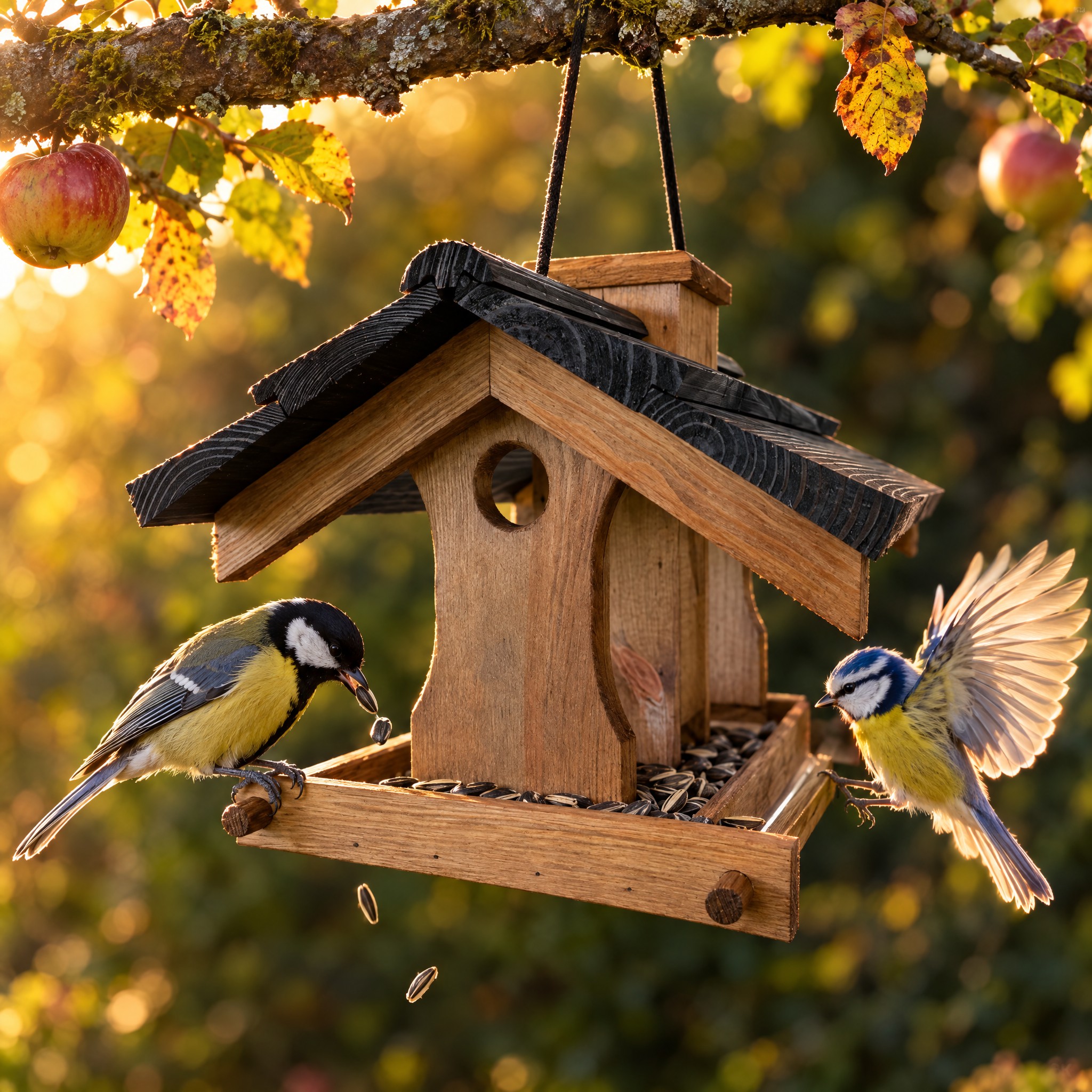 Vogelhaus Pico mit Silo: Blaumeise und Kohlmeise am hängenden Futterplatz (Dieses Bild wurde mit Hilfe von KI generiert.)