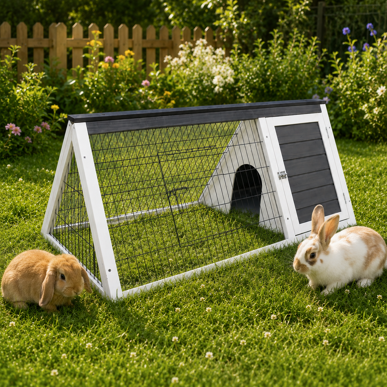 zooprinz Kaninchenstall im Garten mit zwei Kaninchen auf dem Rasen