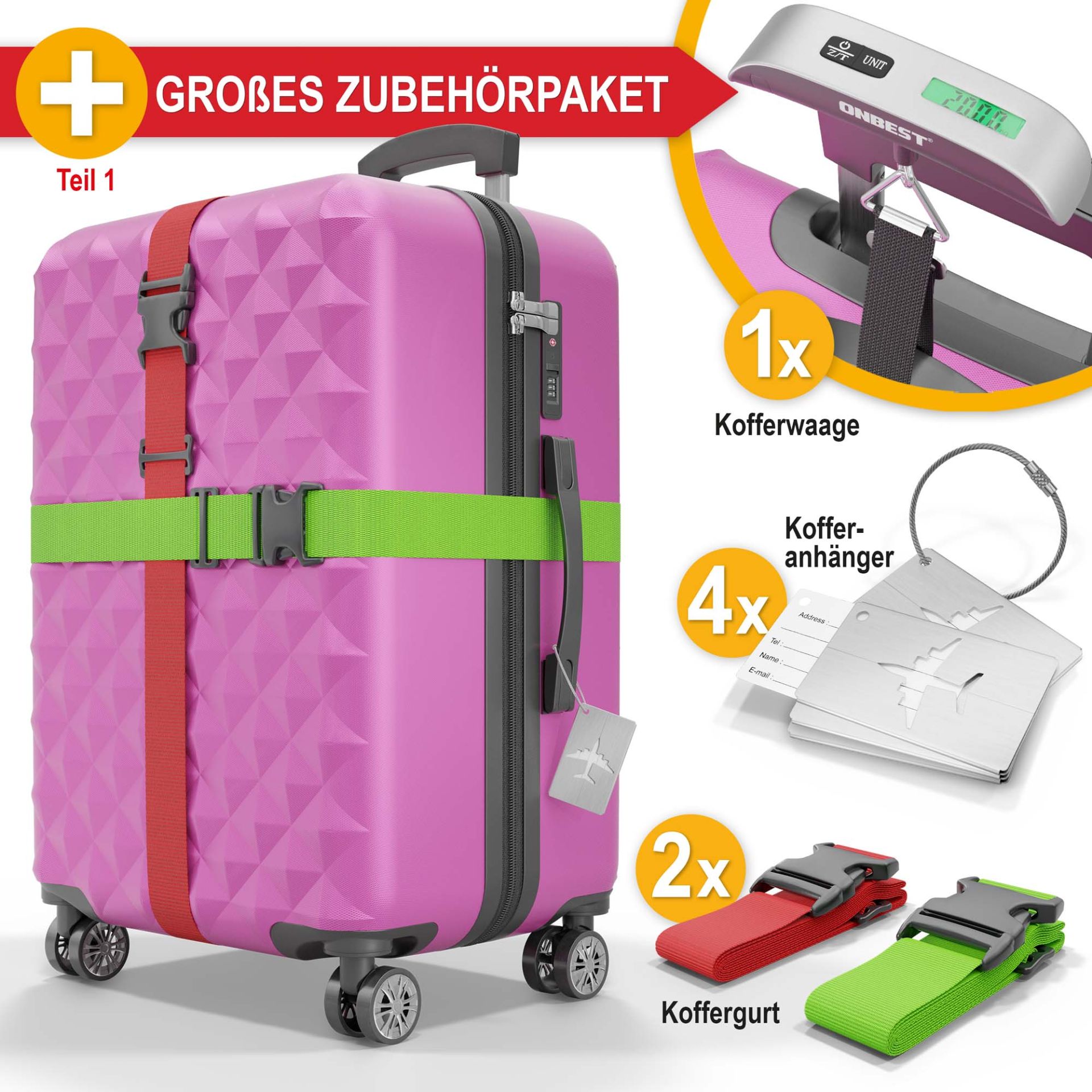 Hartschalenkofferset pink - Inklusive großem Zubehörpaket; 1 Kofferwaage; 4 Kofferanhänger; 2 Koffergurte