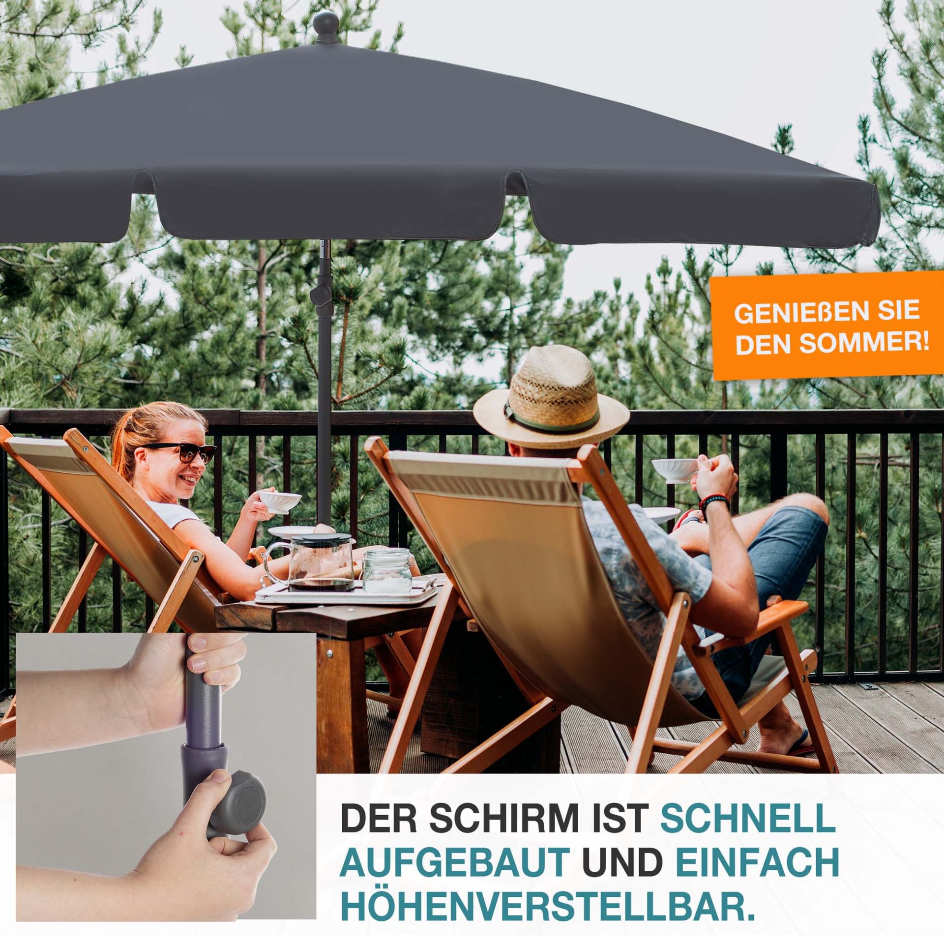 TOM Sonnenschirm SU-100 Anthrazit; schnell aufbaubar und höhenverstellbar