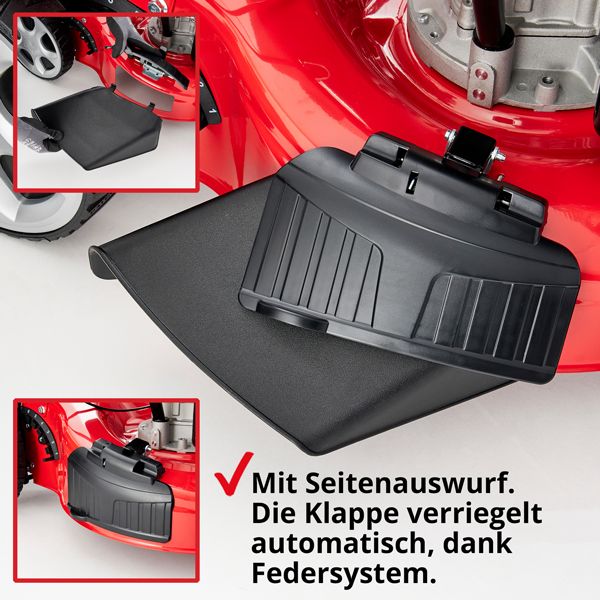HECHT 553 SW Benzin Rasenmäher mit Seitenauswurf. Die Klappe verriegelt automatisch, dank Federsystem