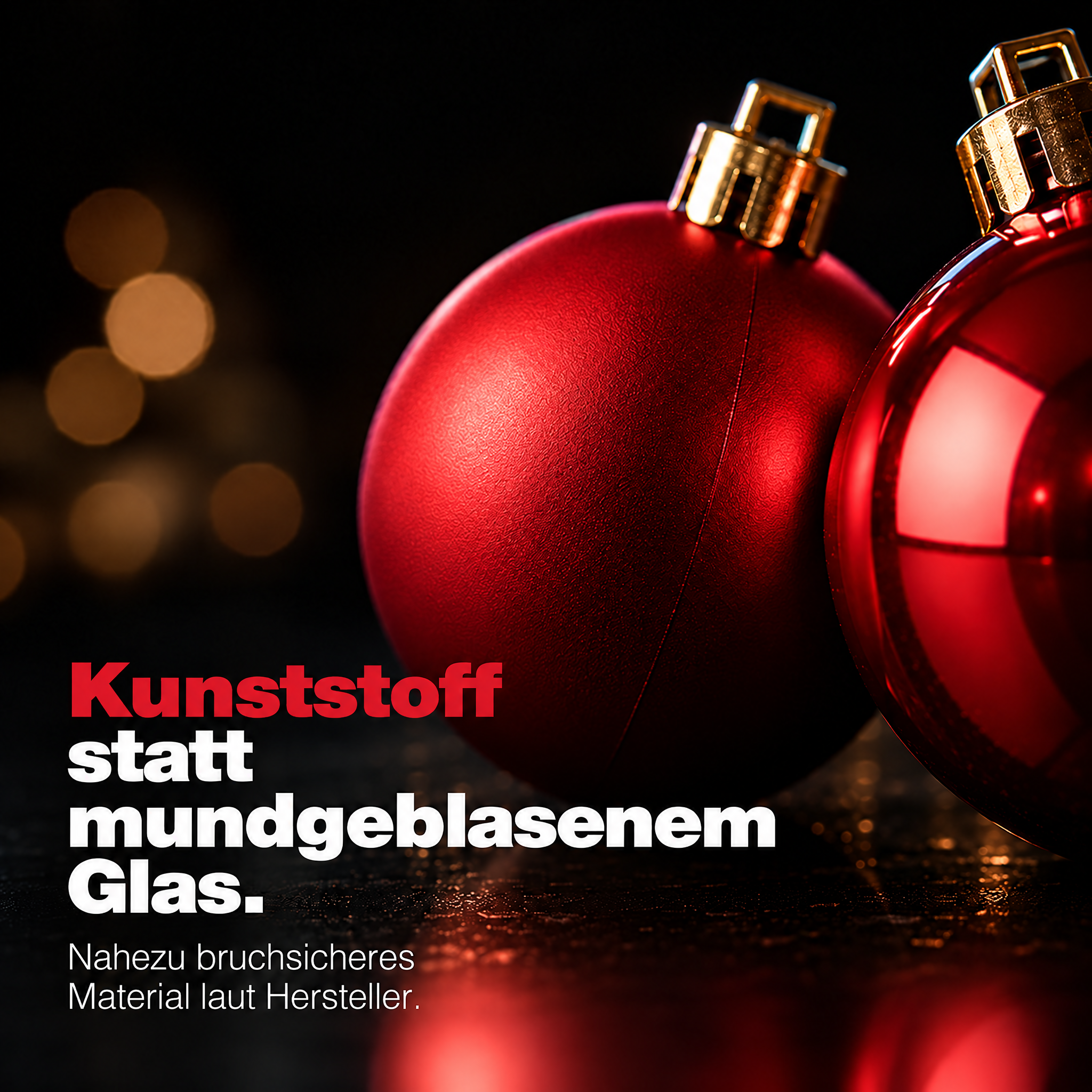 Robuster Baumschmuck Rot: Kugeln aus bruchsicherem Kunststoff statt Glas. (Dieses Bild wurde mit Hilfe von KI generiert.)