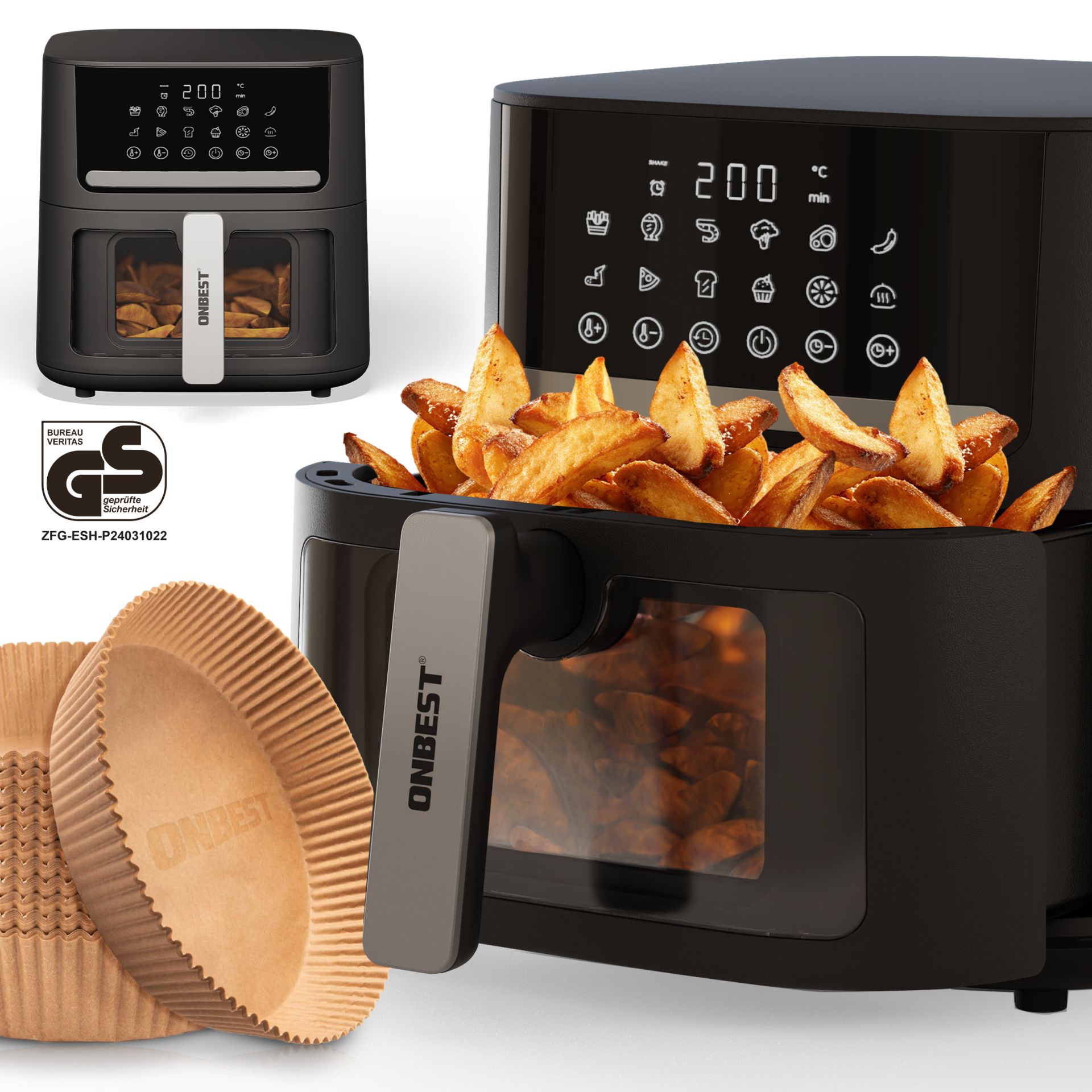 Heißluftfritteuse Airfryer - Großes Sichtfenster, Inklusive Backpapier-Einsätze für einfache Reinigung