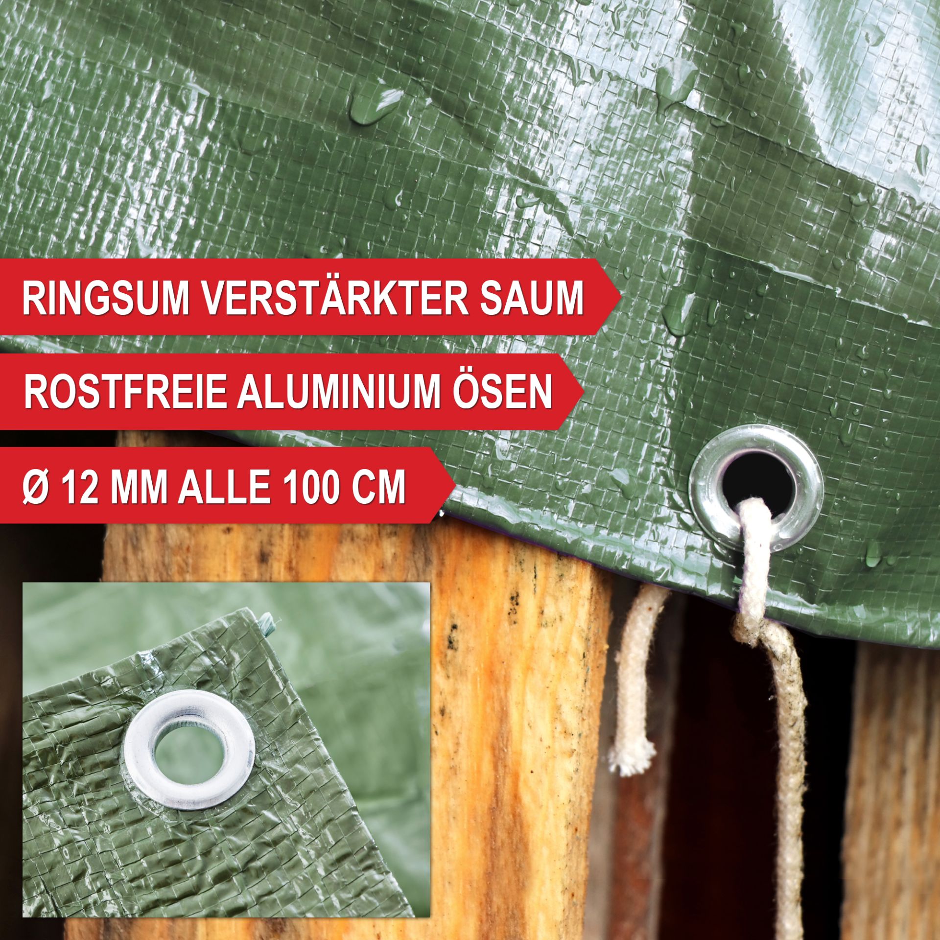 Ringsum verstärkter Saum, rostfreie Aluminiumösen - Abdeckplane 90 g/qm