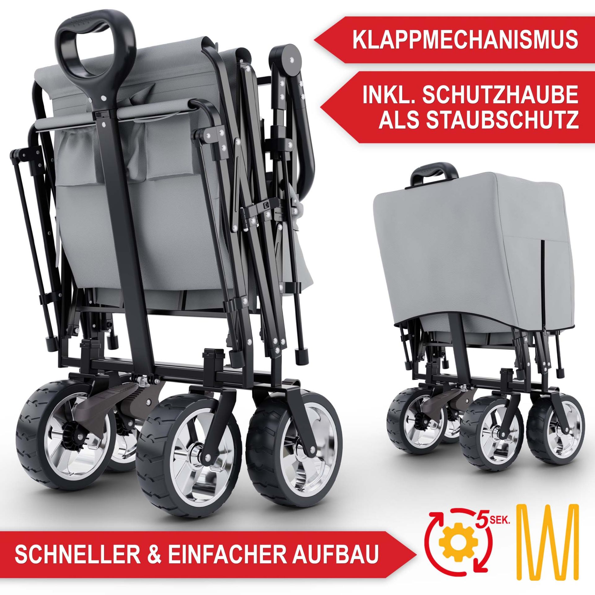 Bollerwagen mit Dach grau - Klappmechanismus, inklusive Schutzhaube als Staubschutz, schneller und einfacher Aufbau
