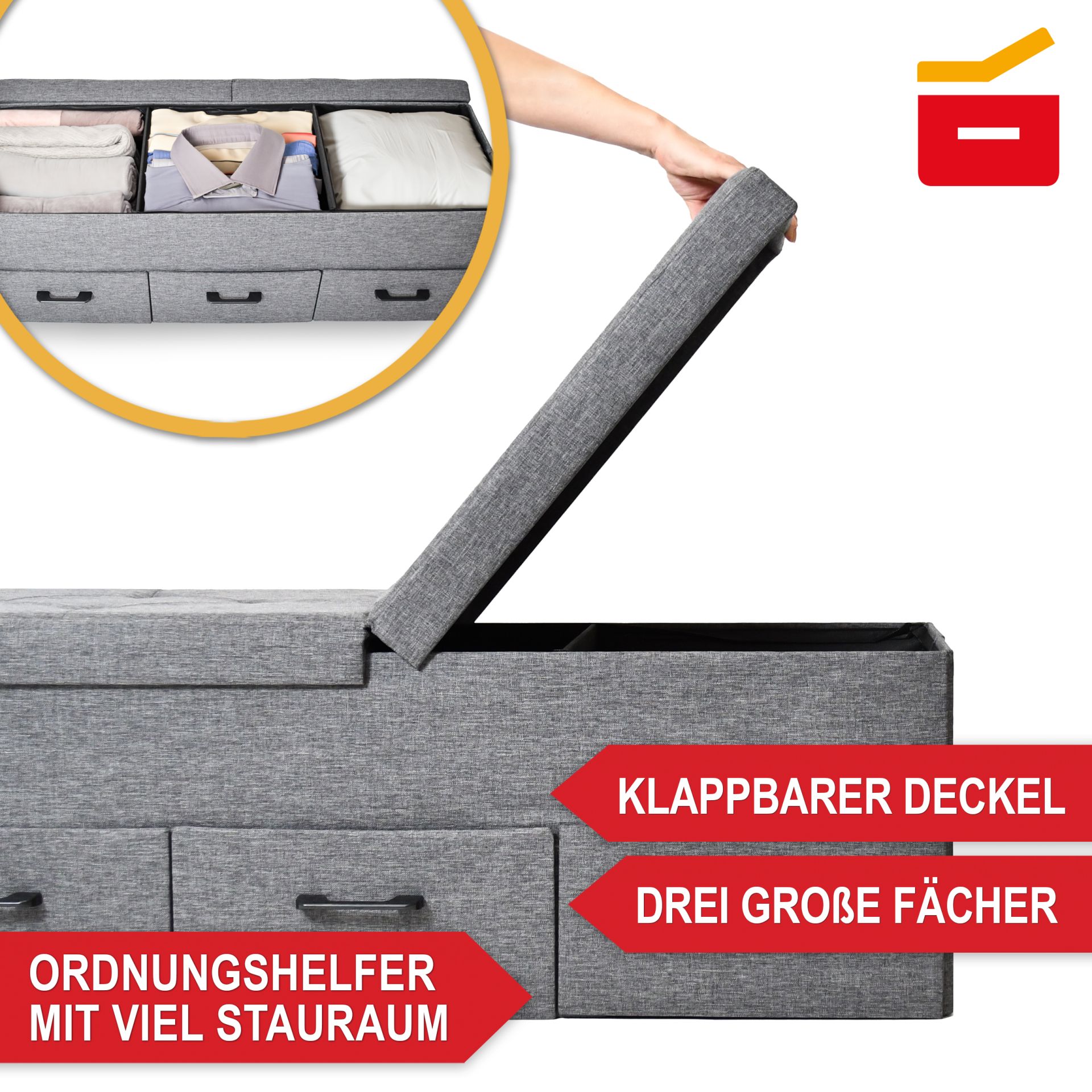 3er Sitzbank Dunkelgrau - Klappbare Deckel; 3 große Fächer; Ordnungshelfer mit viel Stauraum