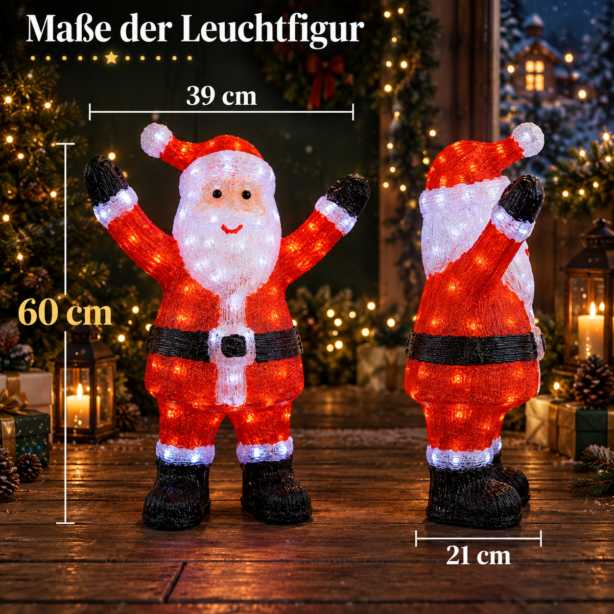 Leuchtfigur Weihnachtsmann: Kompakte Maße mit 60 cm Höhe und 39 cm Breite (Dieses Bild wurde mit Hilfe von KI generiert.)