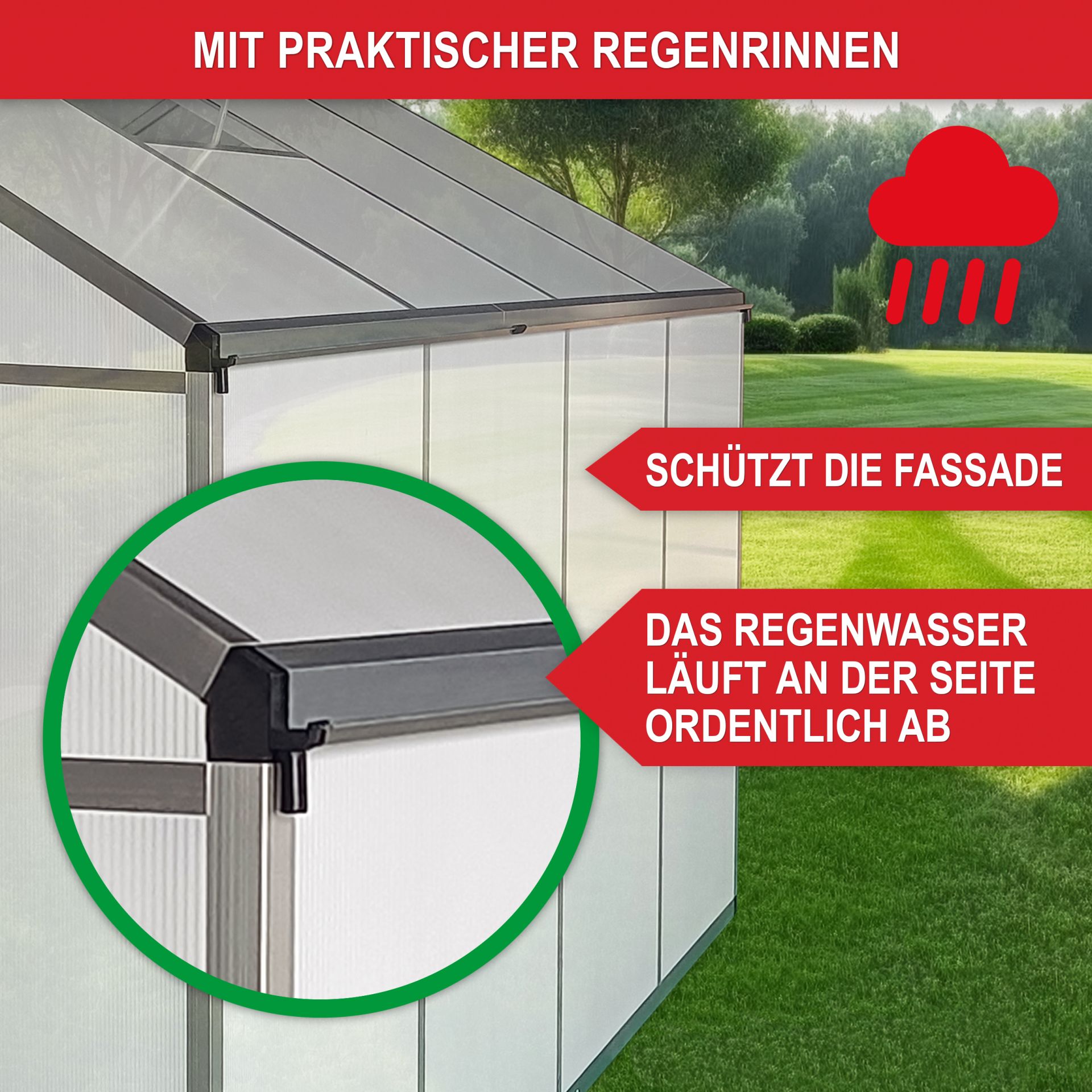 Gewächshaus Aluminium XL - schützt die Fassade, Regenwasser läuft ordentlich an der Seite ab