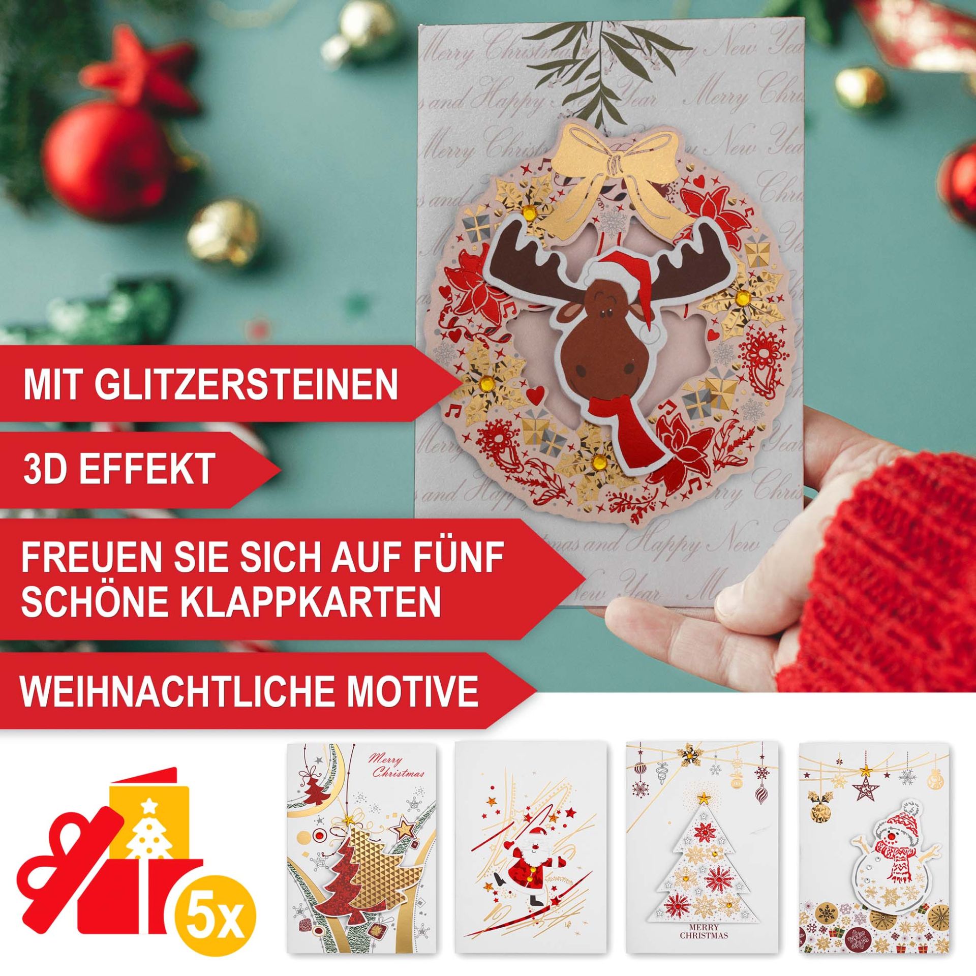 Weihnachtskugeln rot - Mit Glitzersteinen, 3D-Effekt, 5 schöne Klappkarten, Weihnachtliche Motive