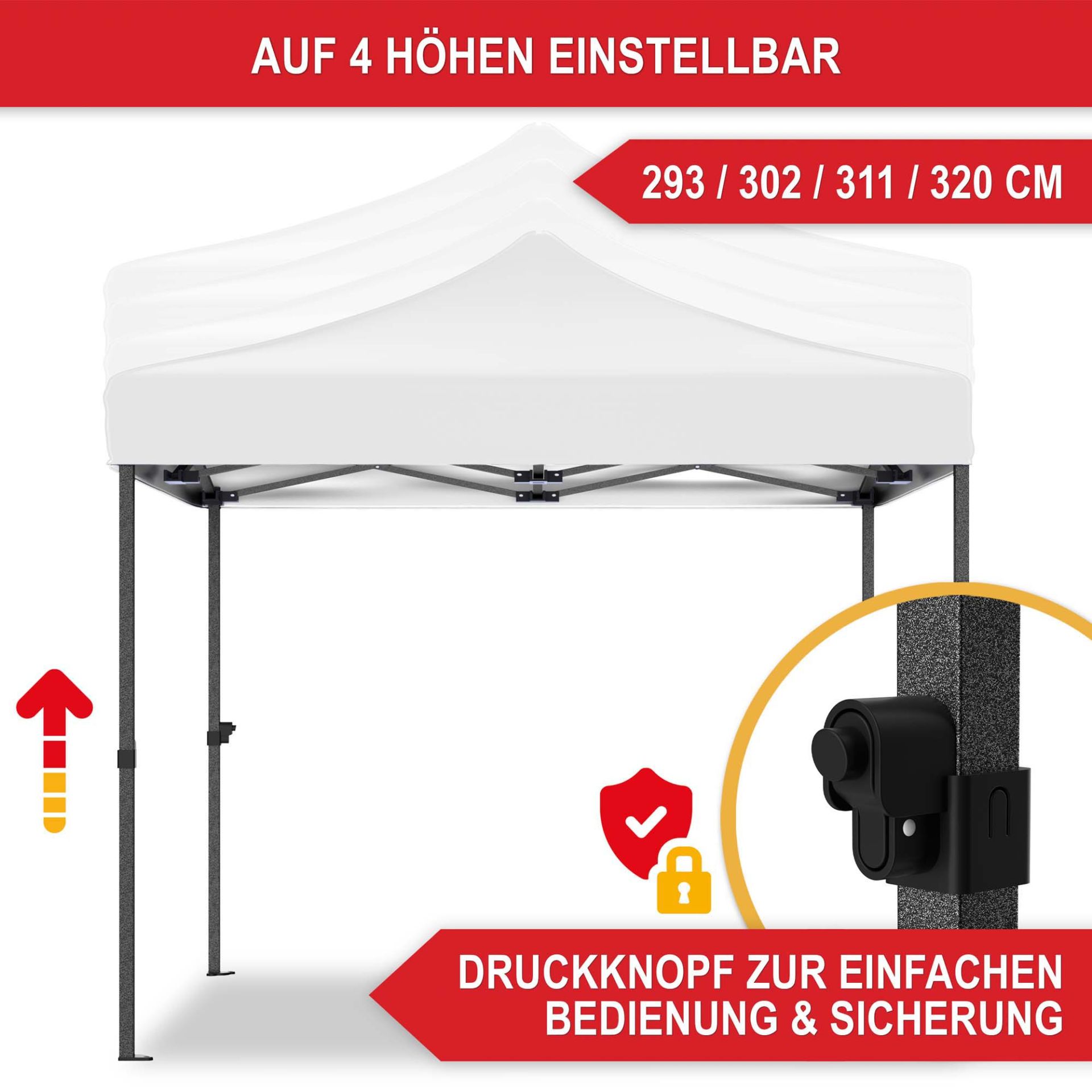 Pavillon weiß - Auf 4 Höhen einstellbar, Druckknopf zur einfachen Bedienung und Sicherung