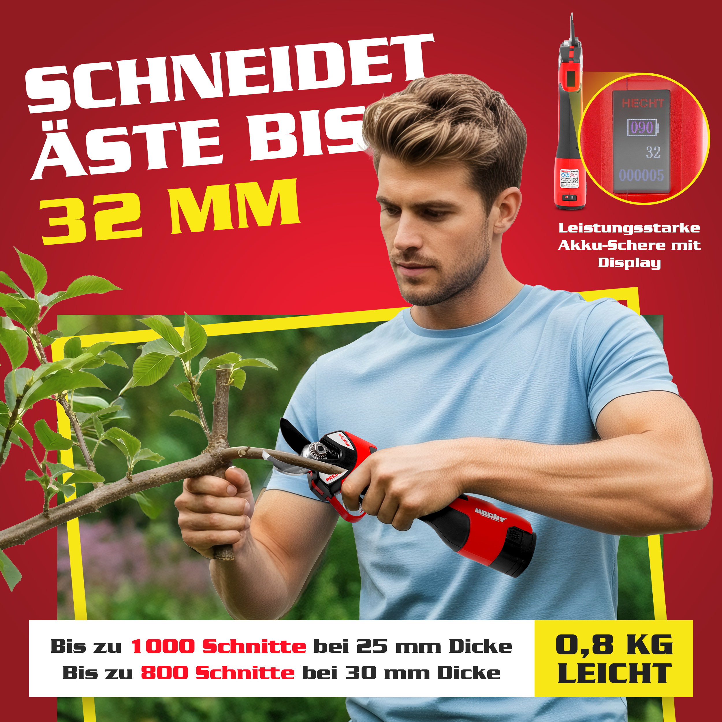 Baumpflege Set mit Akku-Schere für Äste bis 32 mm und integriertem Display