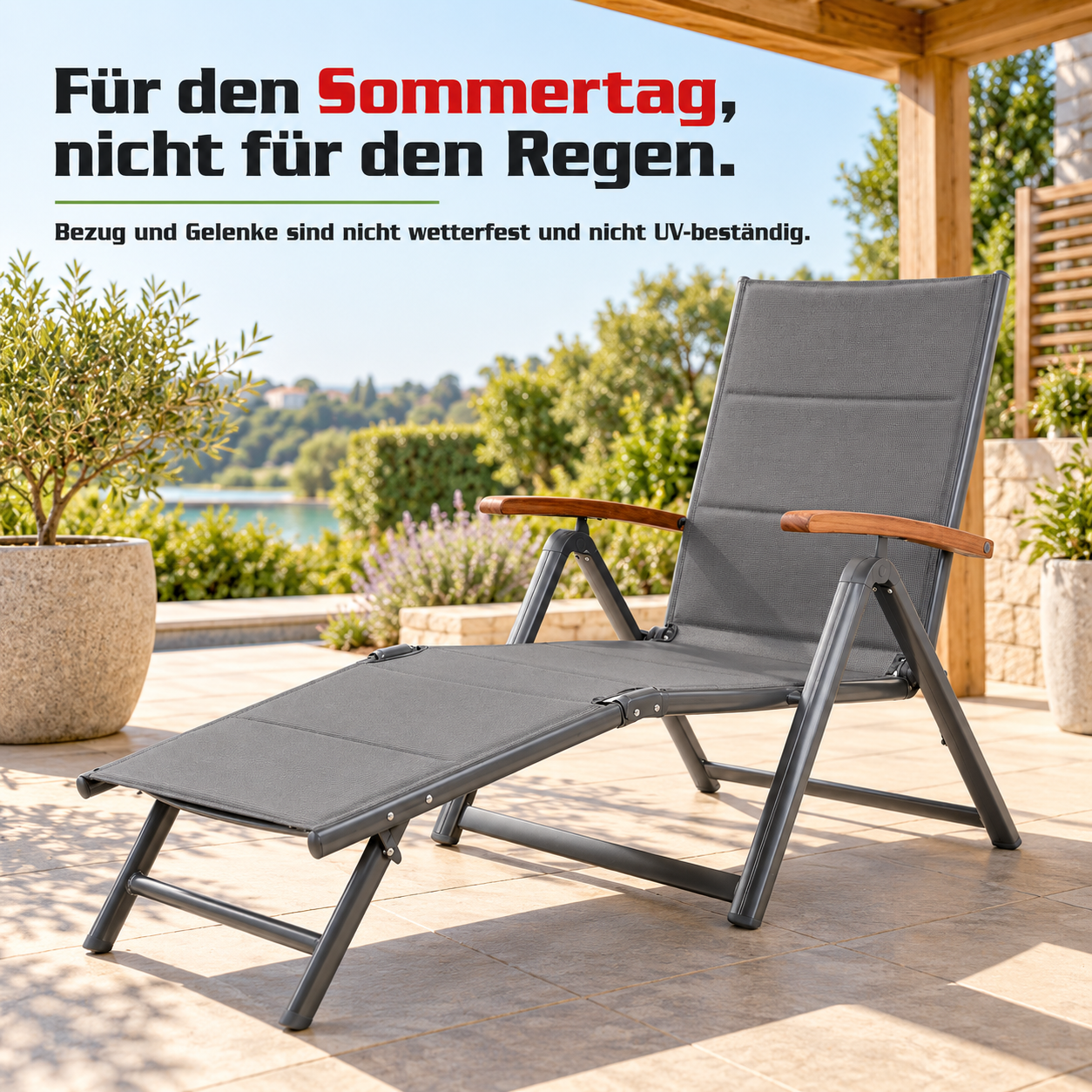 Relaxliege Montana: Bequemer atmungsaktiver Stoff für Sonnentage (Dieses Bild wurde mit Hilfe von KI generiert.)