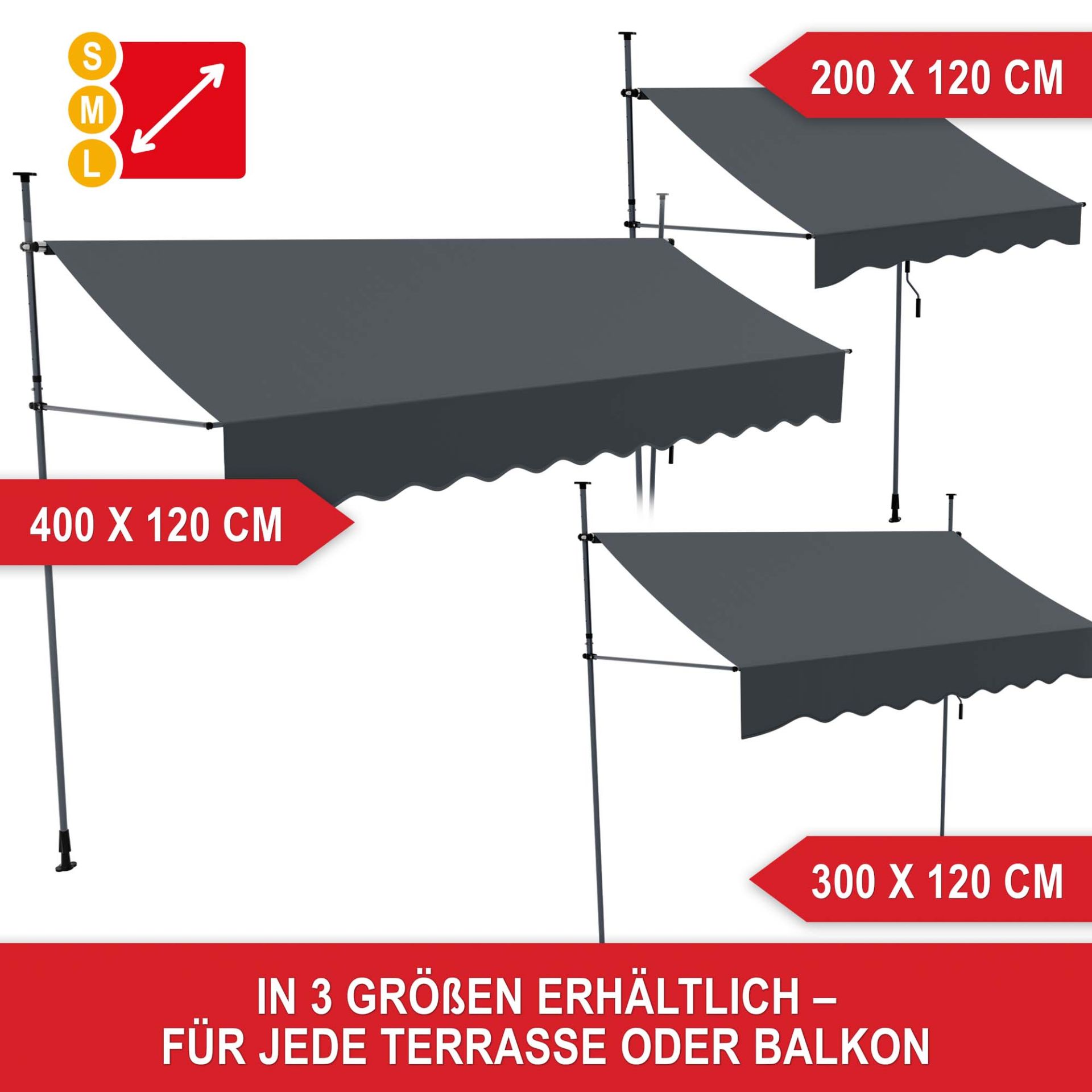 Balkonmarkise XL Anthrazit - In 3 Größen erhältlich, für jede Terrasse oder Balkon