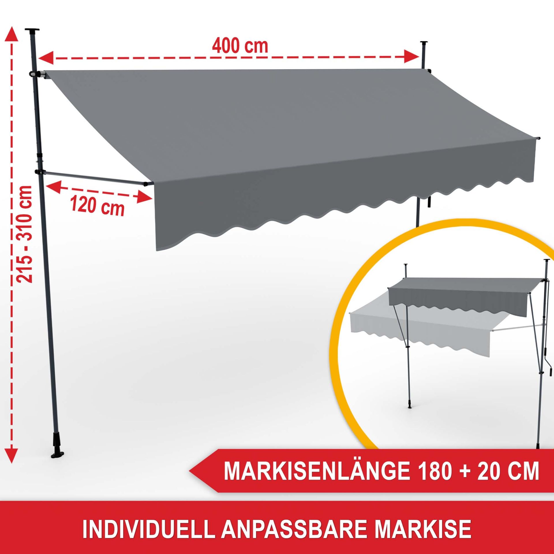 Balkonmarkise XL Hellgrau - Markisenlänge, individuell anpassbare Markise