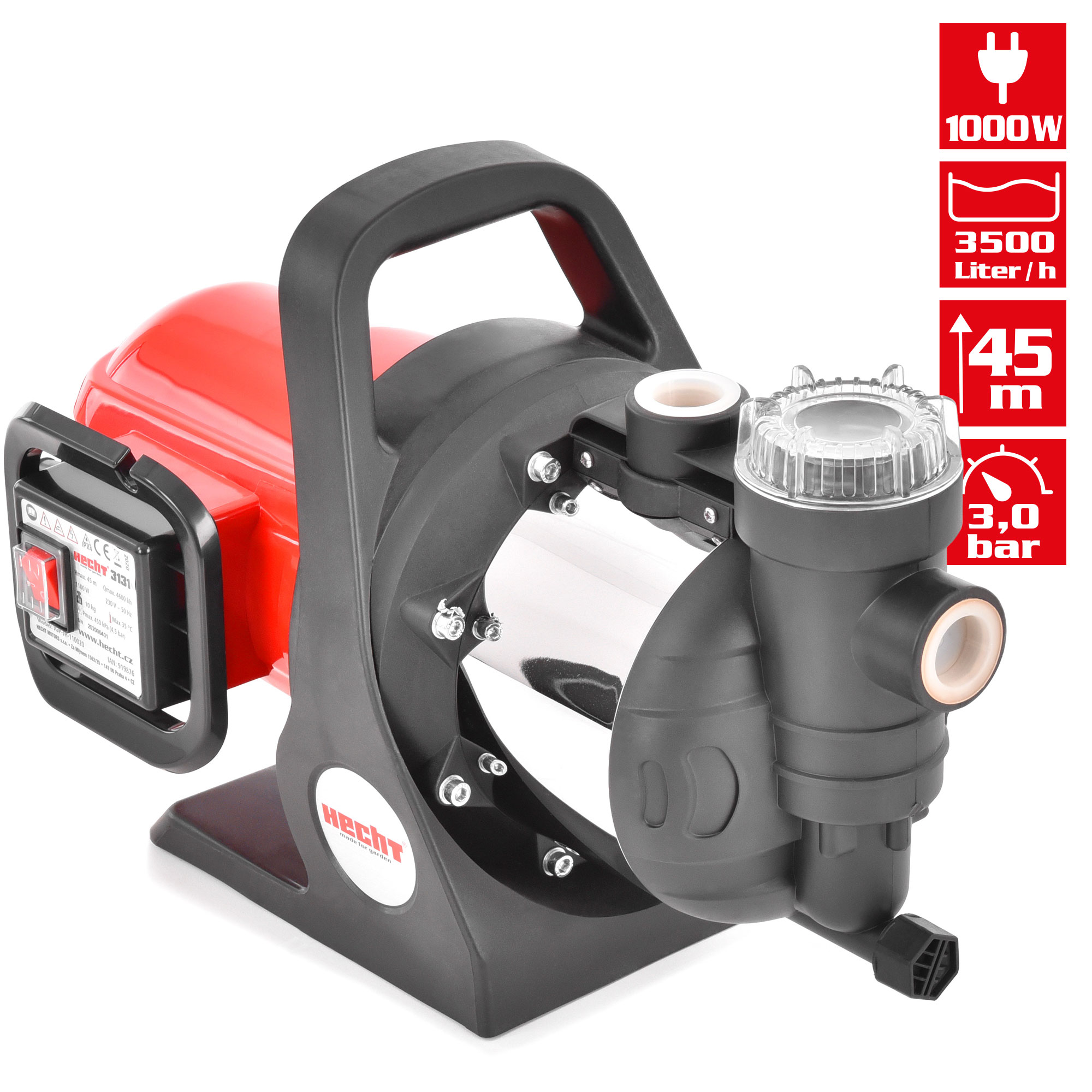 Kreiselpumpe HECHT 3131 mit 1000 W Leistung, 3 bar Druck und 3500 l/h Fördermenge