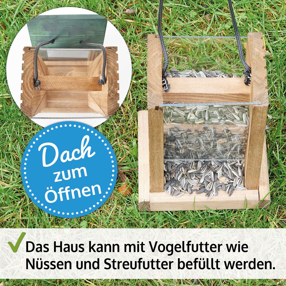Vogelfutterhaus; Dach öffnen und nachfüllen