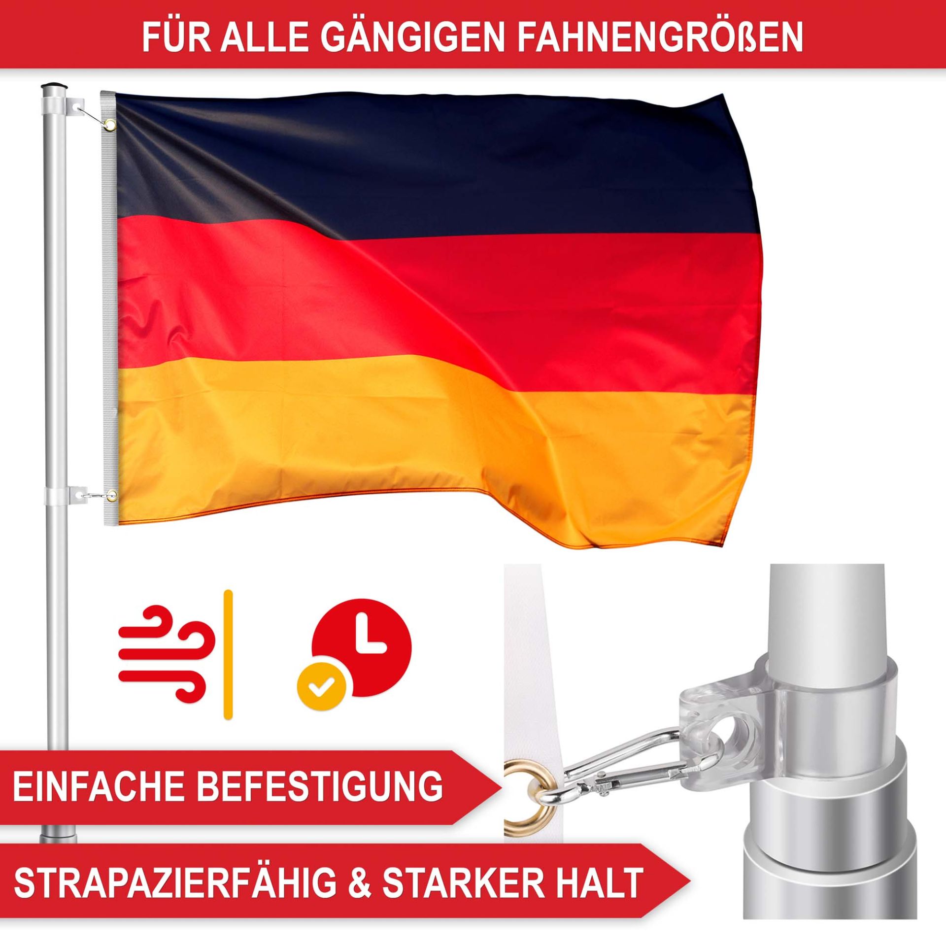Fahnenmast - Für alle gängigen Fahnengrößen, einfache Befestigung, Strapazierfähig und starker Halt