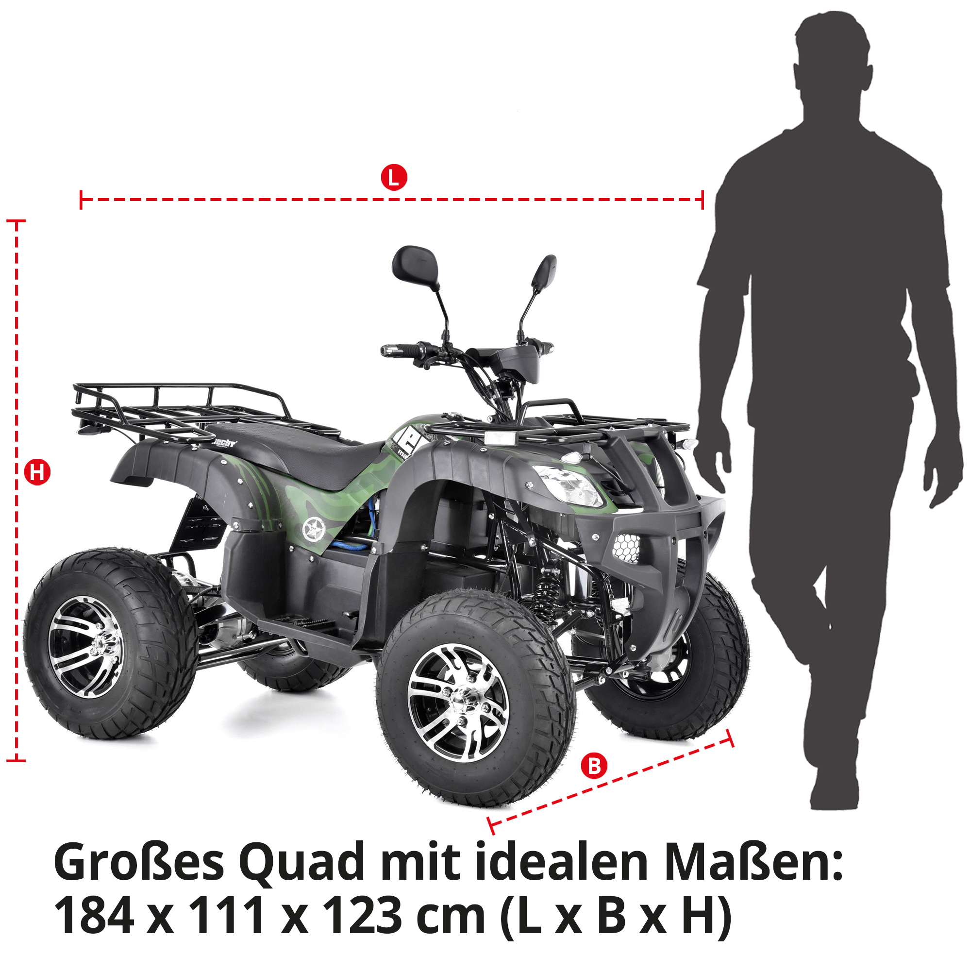 Quad mit Straßenzulassung; Großes Quad: 184 x 111 x 123 Zentimeter