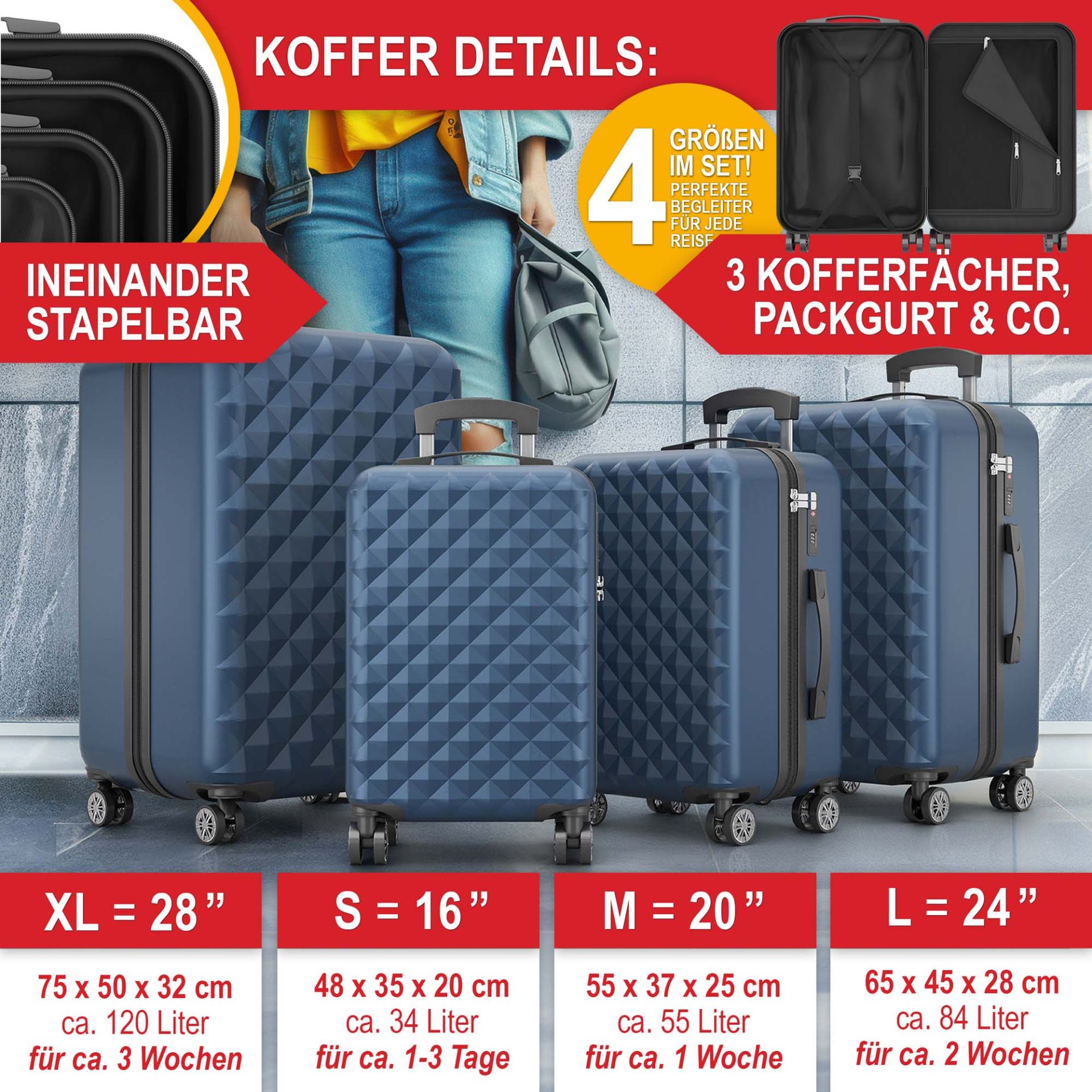 Hartschalenkofferset dunkel blau - Ineinander Stapelbar, 3 Kofferfächer; Packgurt und weiteres; Größe S, M, L, XL 