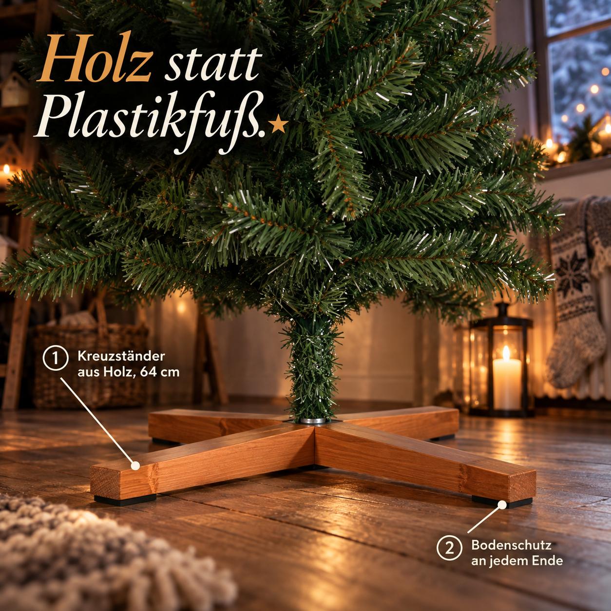Stabiler Tannenbaum: Edler Kreuzständer aus Holz mit Bodenschutz (Dieses Bild wurde mit Hilfe von KI generiert.)