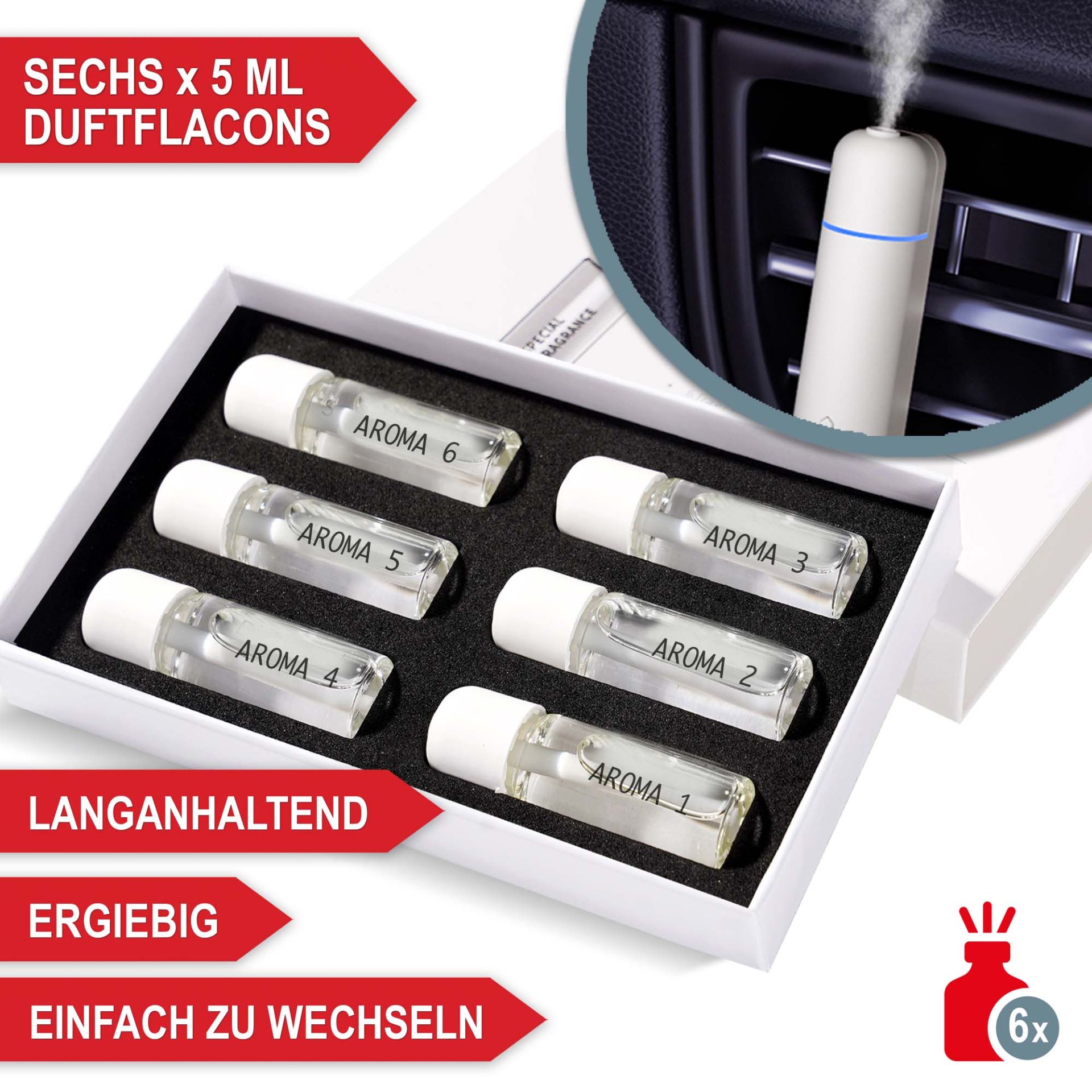 Aromadiffuser - 6 mal 5 Milliliter Duftlacons, langanhaltend, ergiebig, einfach zu wechseln